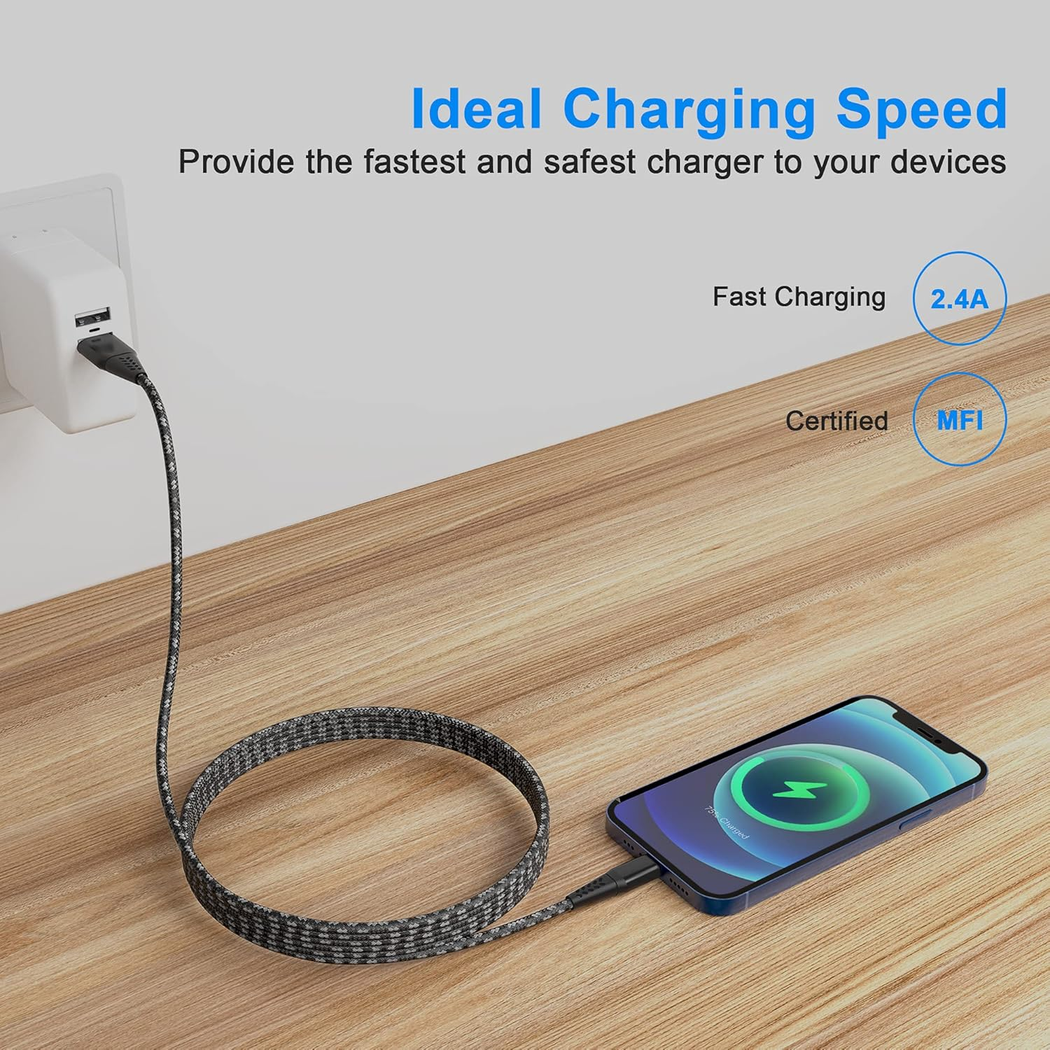 Iphone Charger 26FT/8M [Apple Mfi Certified] Lightning Cable Extra Long Iphone Charging Cord Nylon Braided Fast Apple Charger Cable 2.4A for Iphone 13 12 11 Pro X XS Max XR/8 Plus/7 Plus/6/6S Plus/5S image number 2