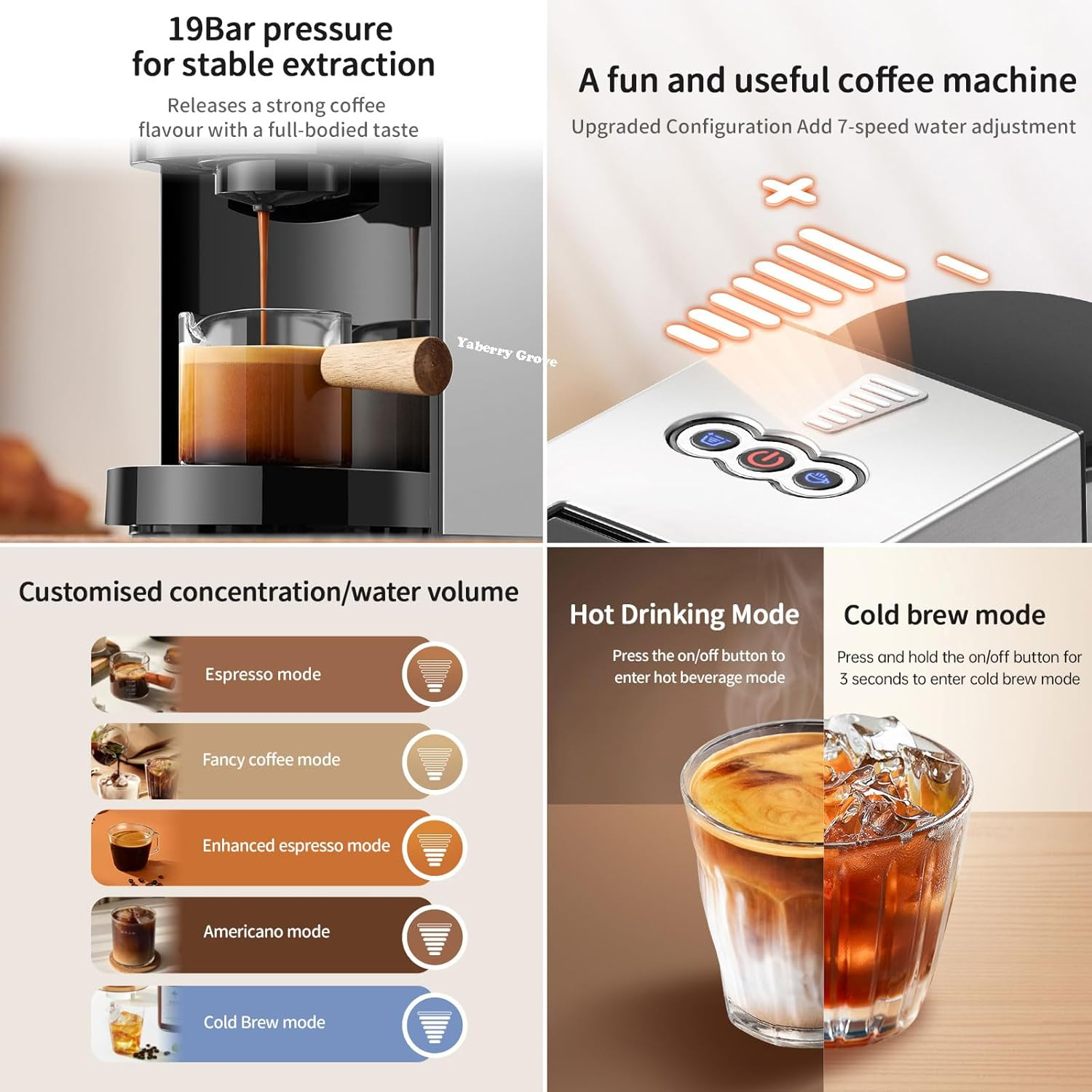 4In1 Espresso Machine,Customize Volume Settings，Automatic Coffee Maker, Single-Serve Capsule Coffee Machine for Nespresso Original/L'Or/Ground Coffee,19Bar Espresso Machine,1450W Coffee Machine image number 1