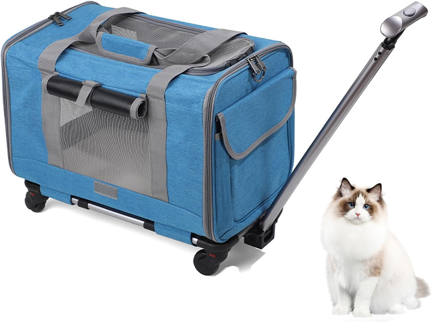 Dog Cat Carrier with Wheels, Detachable Base Portable Breathable Outdoor Pet Carrier with Curtain, Multifunctional Labor Saving Dog Travel Carrier for Picnic (Grey)