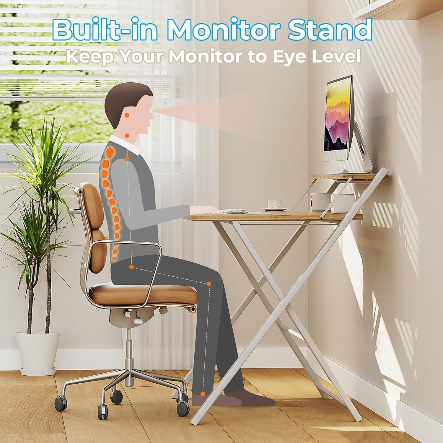 Folding Desk No Assembly Required Small Size, 2-Tier Foldable Computer Desk with Shelf for Home Office, Space Saving Portable Laptop Study Foldable Table for Small Spaces (Oak, 69 X 56 Cm) image number 2