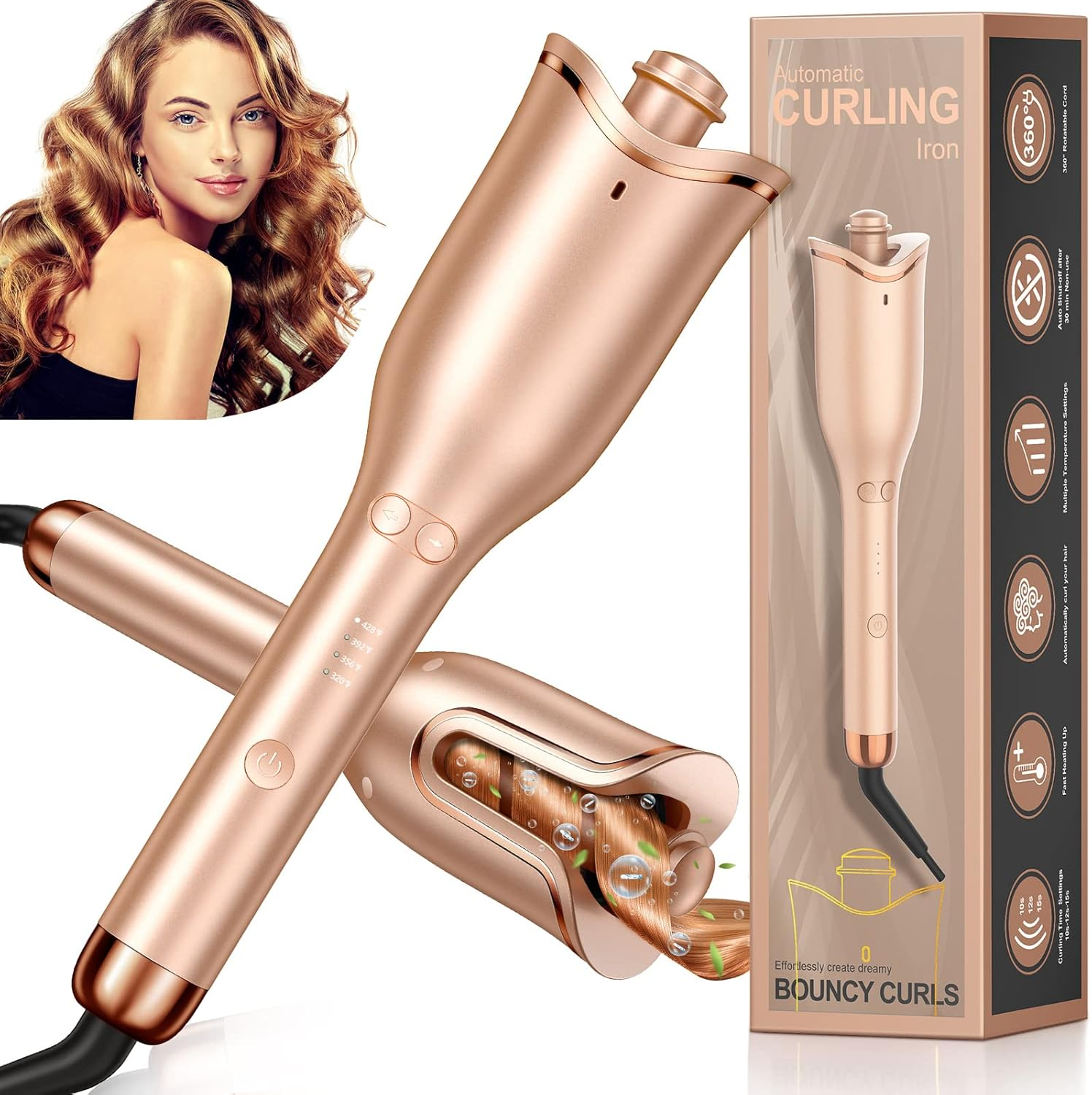 Follexmoe Automatic Hair Curler, 1" Ceramic Curling Iron with 4 Heat Settings & 3 Timer, Dual Voltage, Auto Shut-Off for All Hair Types