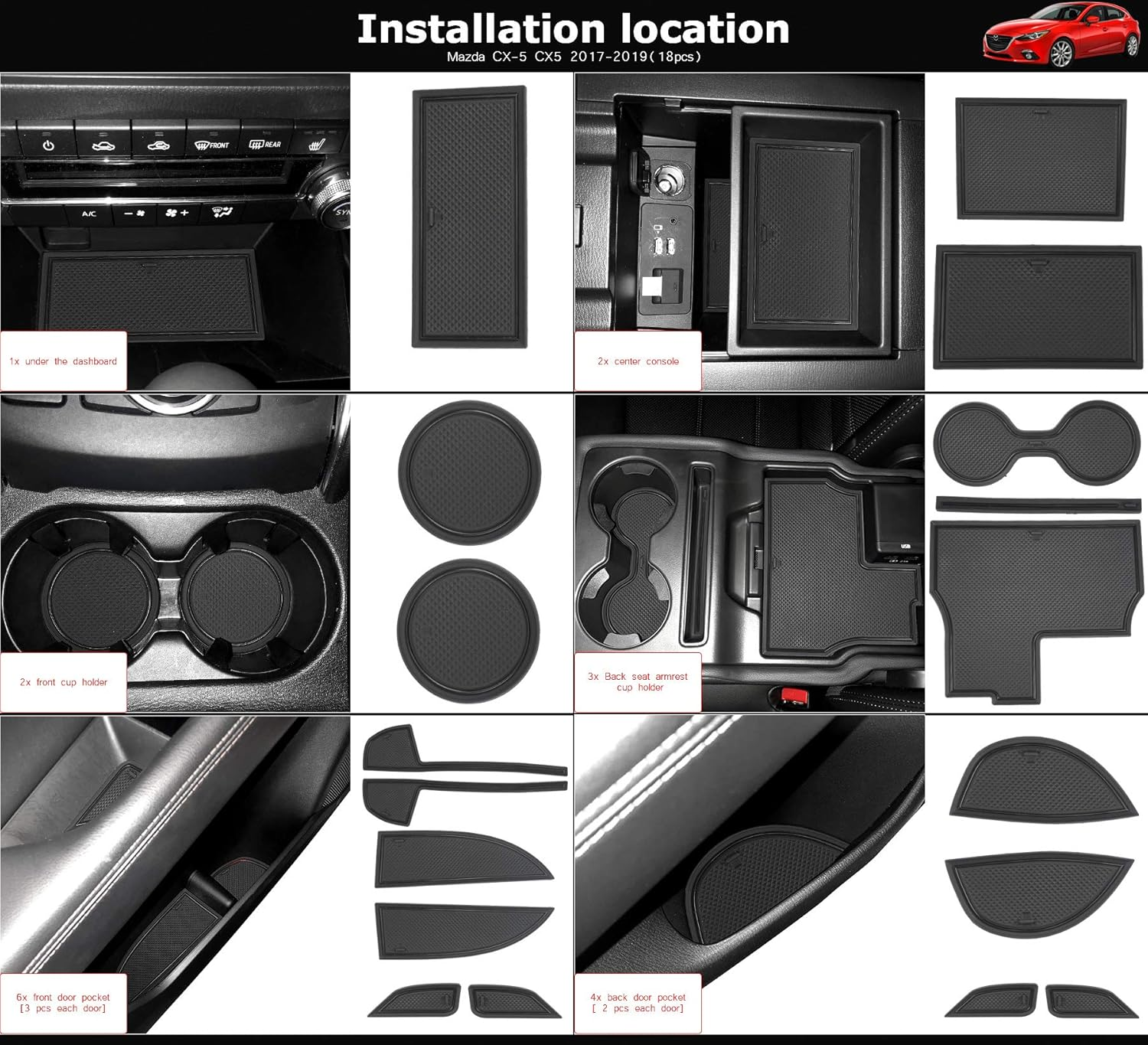 Auovo anti Dust Mats for Mazda CX-5/CX5 Accessories 2023 2022 2021 2020 2019 2018 2017 Custom Fit Door Compartment Cup Holder Center Console Liners Car Interior 18Pcs (All Black)