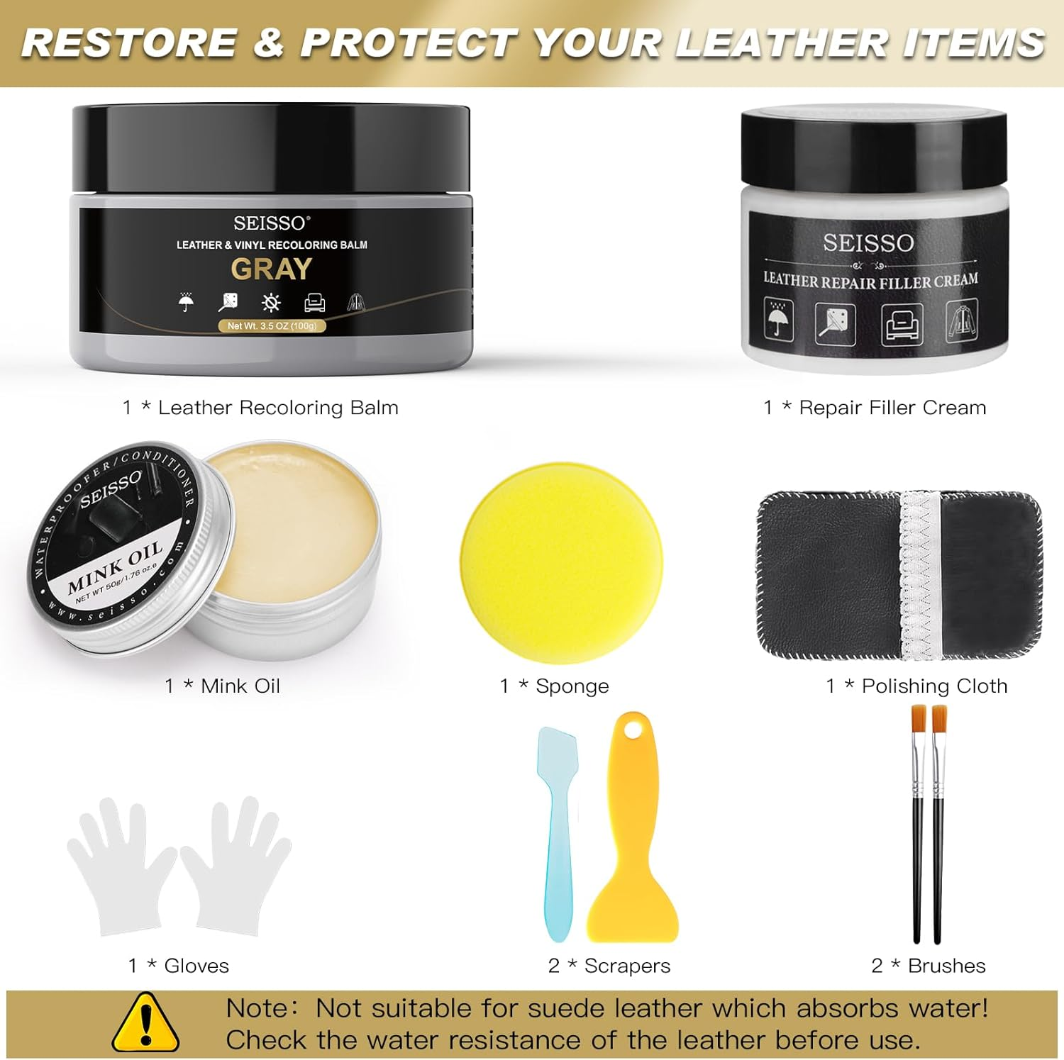 SEISSO Leather Repair Kit for Furniture, Gray Vinyl Repair Kit with Mink Oil Car Interior Leather Recoloring Balm for Scratches, Fading Shoes, Car Seat, Sofa image number 3