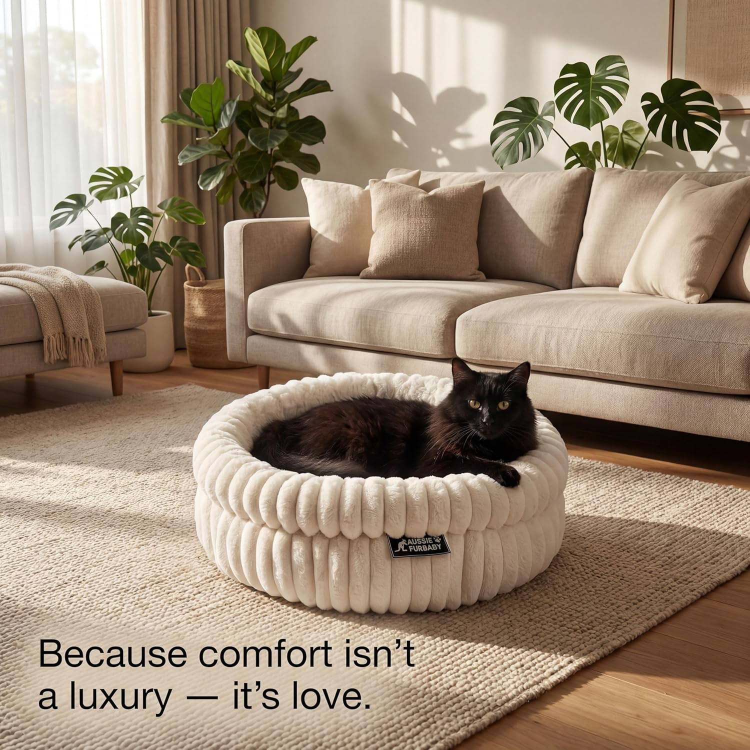 Aussie Furbaby Ultra-Plush round Cat Bed for Indoor Cats 50 Cm &ndash; Soft Faux-Fur Donut Cushion with Raised Rim & Anti-Slip Base &ndash; Indoor Pet Bed for Cats, Kittens, Puppies, Small Dog Bed (White, 50Cm) - Grey image number 5