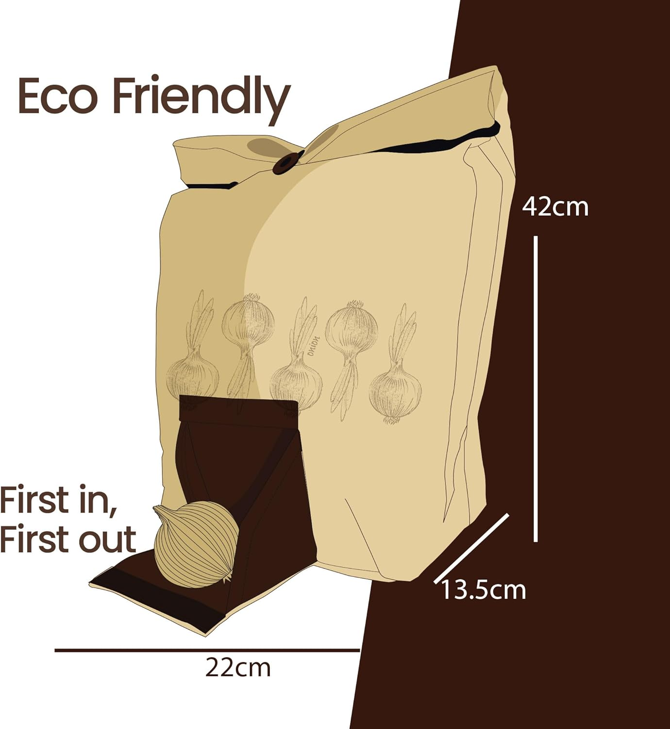 Eco Basics Onion Bag &ndash; Breathable Linen-Look Fabric, Blackout Lining, Easy Access Front Flap, Roll-Over Button Tie, 37 X 42 Cm, Ideal for Fresh Onion Storage & Reduced Waste image number 4