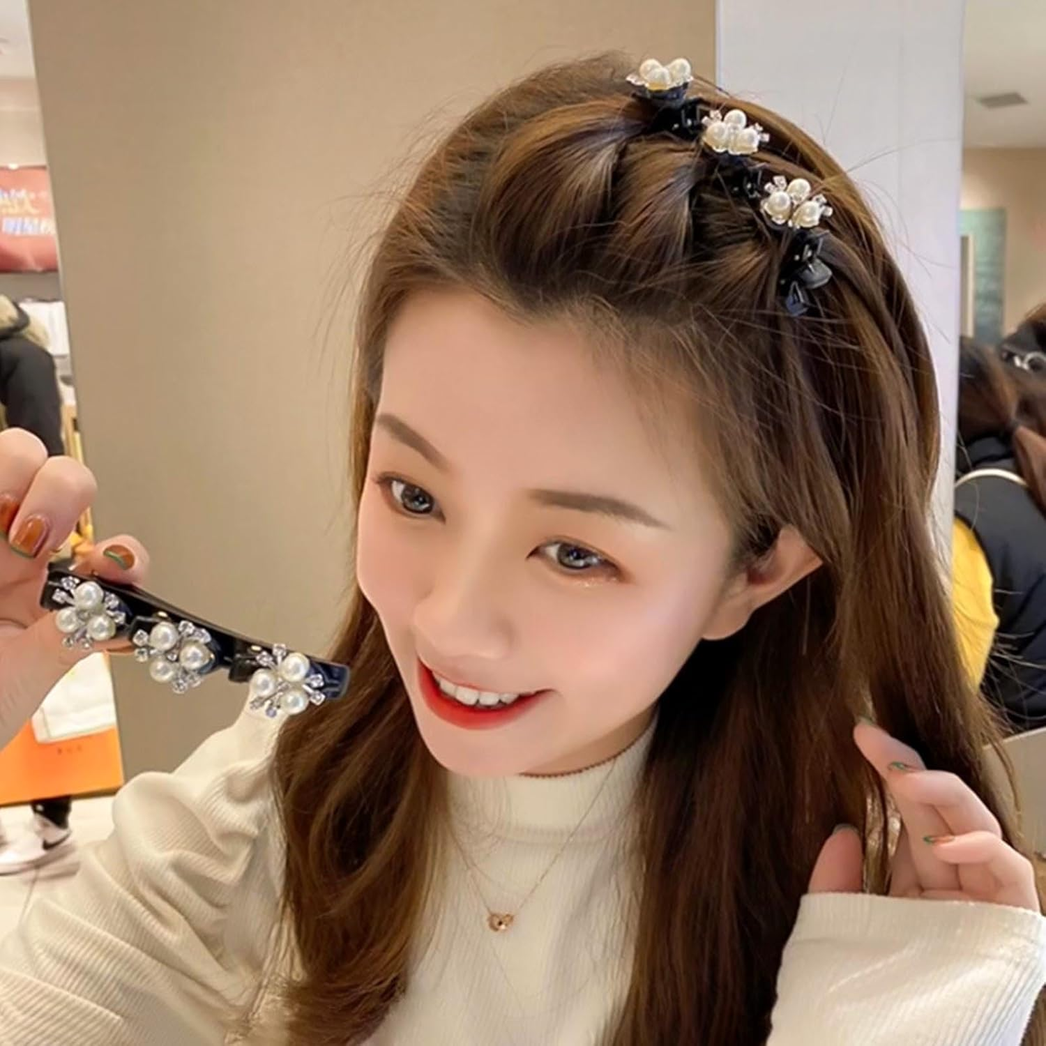 Braided Hair Clips with Sparkling Crystal Stone and 3 Small Clips Beaded Hair Pin Duck Bill Clip Braided Hair Clip with Rhinestones for Women as a Gift (Style: A) image number 1