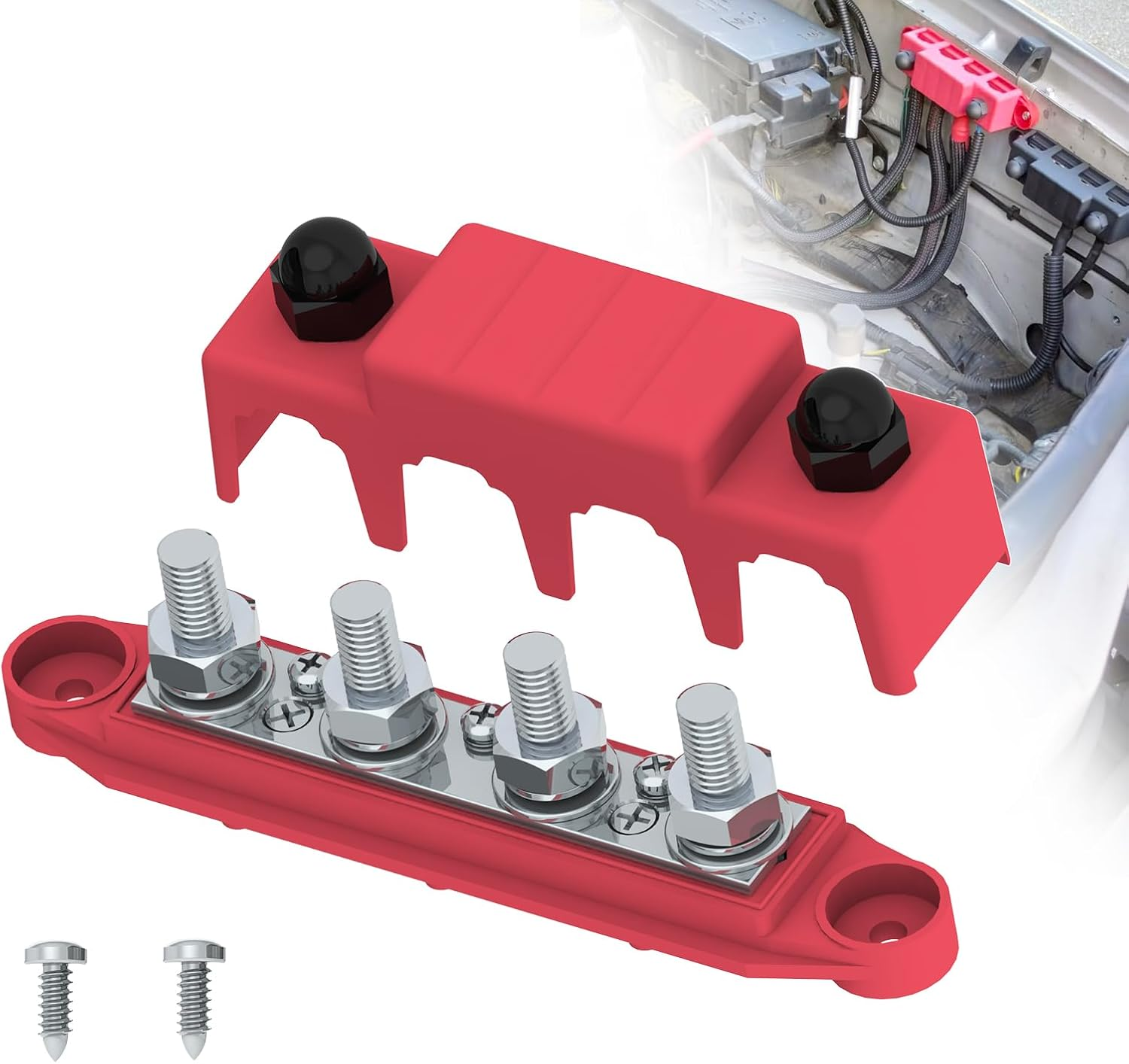 Bus Bar 250A 12V Power Distribution Block with 5/16" (M8) 4-Posts Terminals Block with Cover for Automotive, Marine, Battery System (Black & Red) image number 7