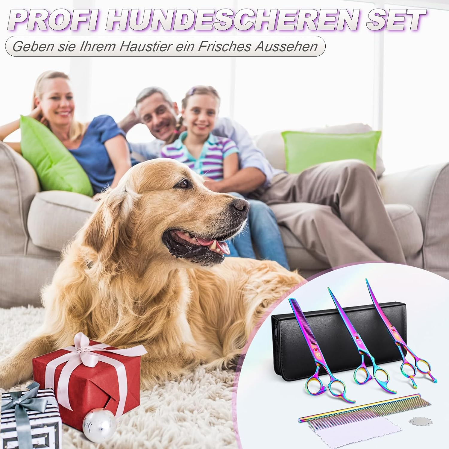 Purple Dragon 8 Inch Dog Scissors Set Professional 3-In-1 Fur Scissors Set for Dogs Colourful Dog Scissors Set Straight, Serrated and Curved Scissors Are Included for Dogs for Cats and Other Animals image number 1