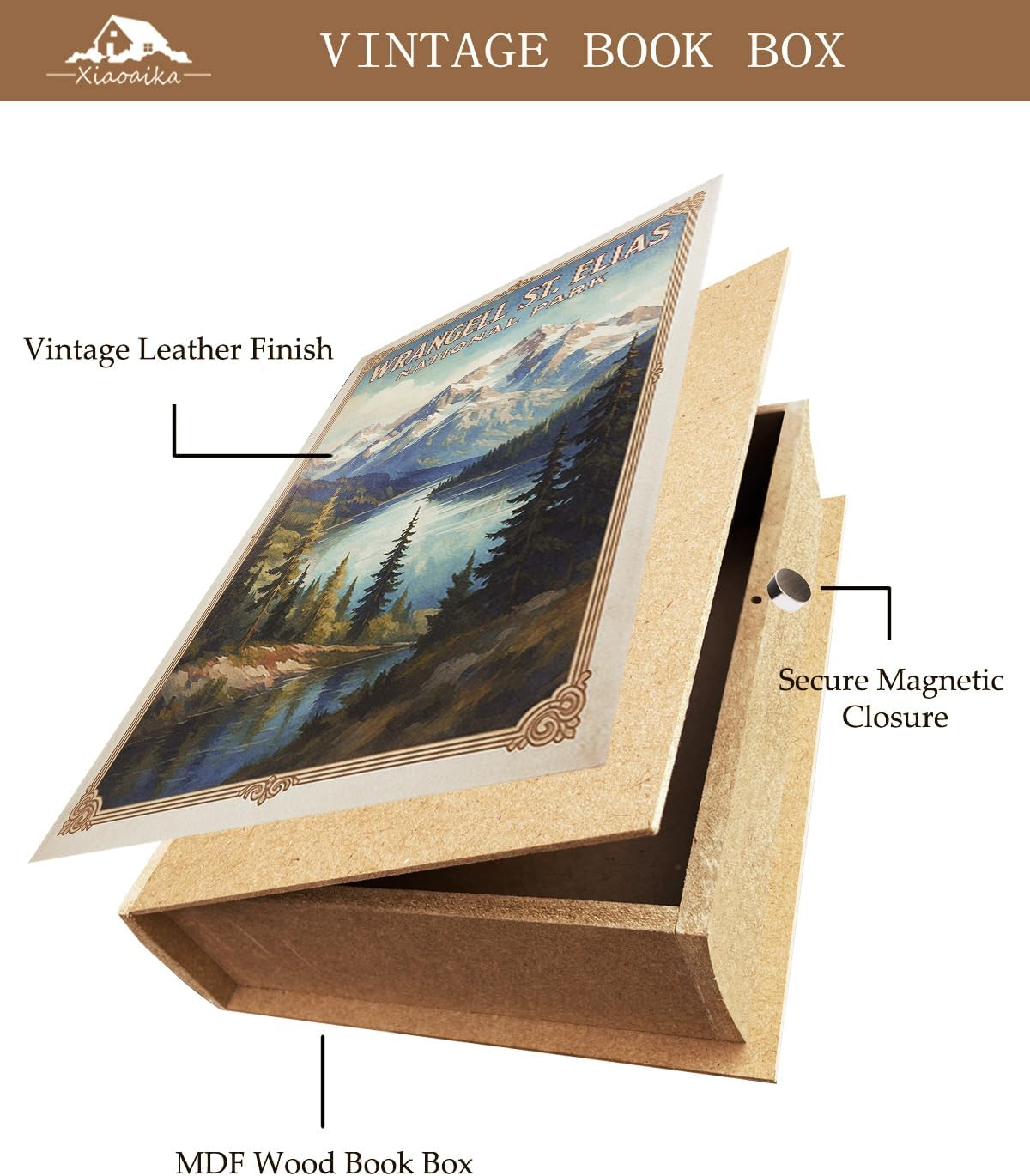 Decorative Wooden Book Box - Vintage Faux Book Boxes with National Park Design, Secret Storage with Magnetic Closure, Leather Cover, Perfect for Home Office Bookshelf (1 X Wrangell St. Elias) image number 4