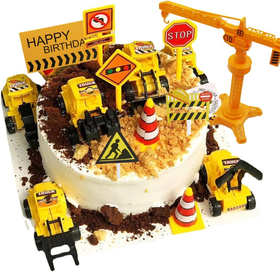 18 PCS Construction Cake Toppers Vehicles Cake Decoration Set Excavator Tower Crane Cupcake Topper Traffic and Road Sign Decor Happy Birthday Party Supplies Favors for Kids Boys image number 3
