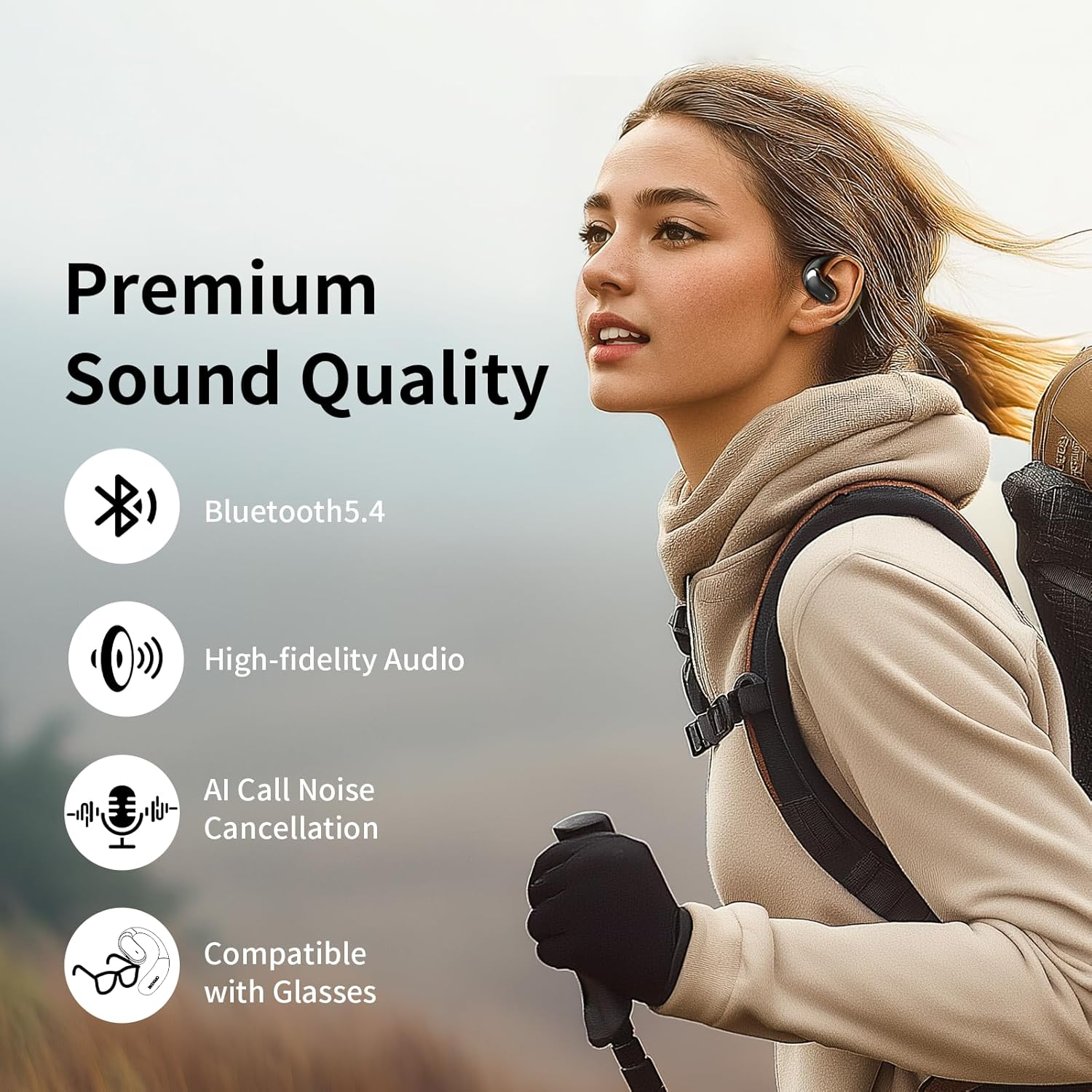 Hiteblaz Open Ear Headphones Bluetooth 5.3, Wireless Earbuds with Earhook, IP55 Waterproof Sports Headset with Noise Cancelling Mic,28H Playtime for Running, Cycling, Workout,Black image number 4