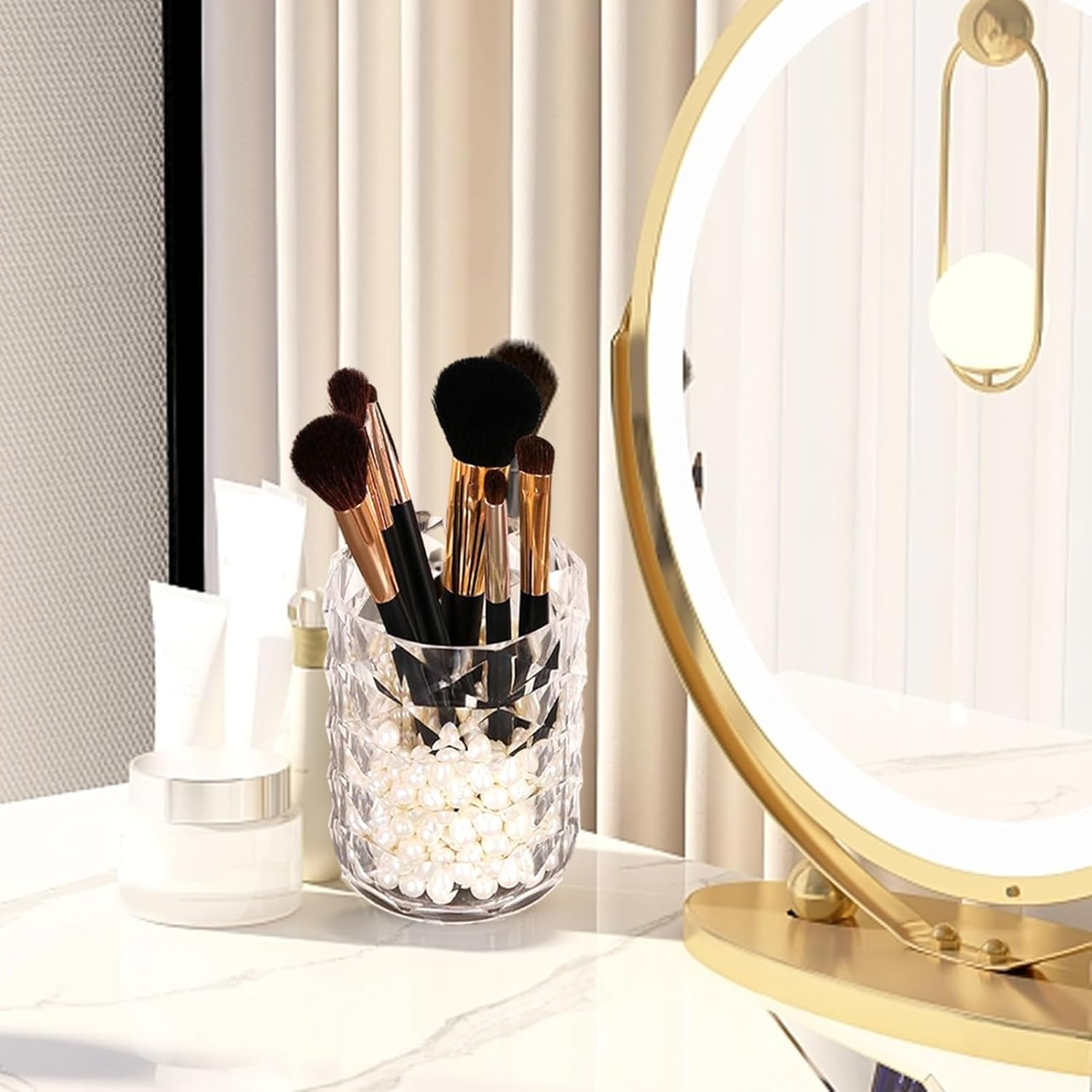 Makeup Brush Storage Bucket | Cosmetic Brush Organizer Cup,Light Luxury Style Exquisite Texture and Transparent Holder for Dressing Table Puchen image number 3