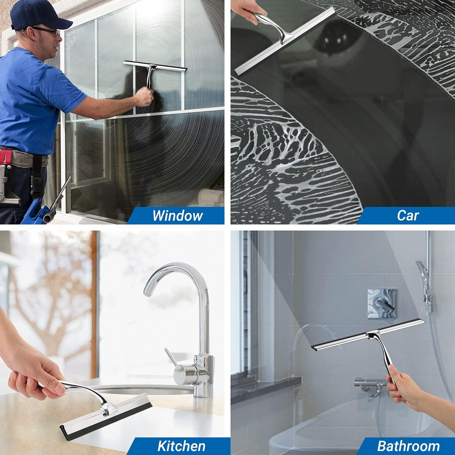 Ecooe Stainless Steel Shower Squeegee with Hook, 12 Inches Shower Glass Cleaner Squeegee Wiper Scraper with 2 Replacement Squeegee Blade, Window Squeegee for Home Bathroom Kitchen Car Glass Doors image number 1