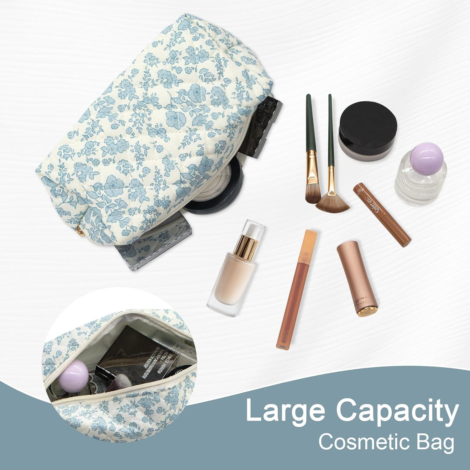 Makeup Bag Travel Cosmetic Bag for Women Girls, Zipper Make up Pouch, Floral Flowers Toiletry Organizer Makeup, Portable Storage Cosmetic Travel Cloth Bag (Blue Floral) image number 5