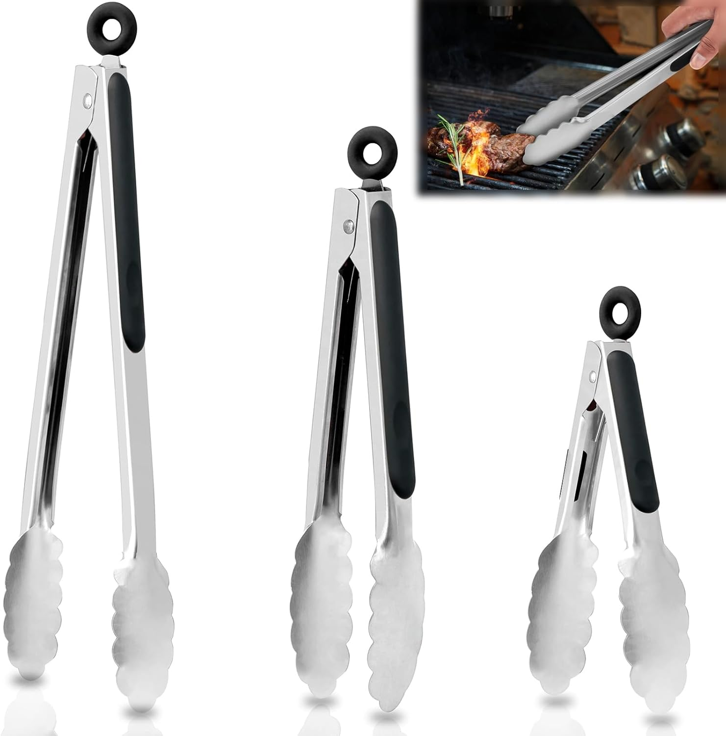 3 Pack Kitchen Tongs, 9/12/14 in Cooking Tongs, High-Quality Silicone Is Bpa-Free, Heat-Resistant, and Non-Stick, Stainless Steel Tongs, for Food, Salads, and Barbecue/Grilling, Buffet image number 2