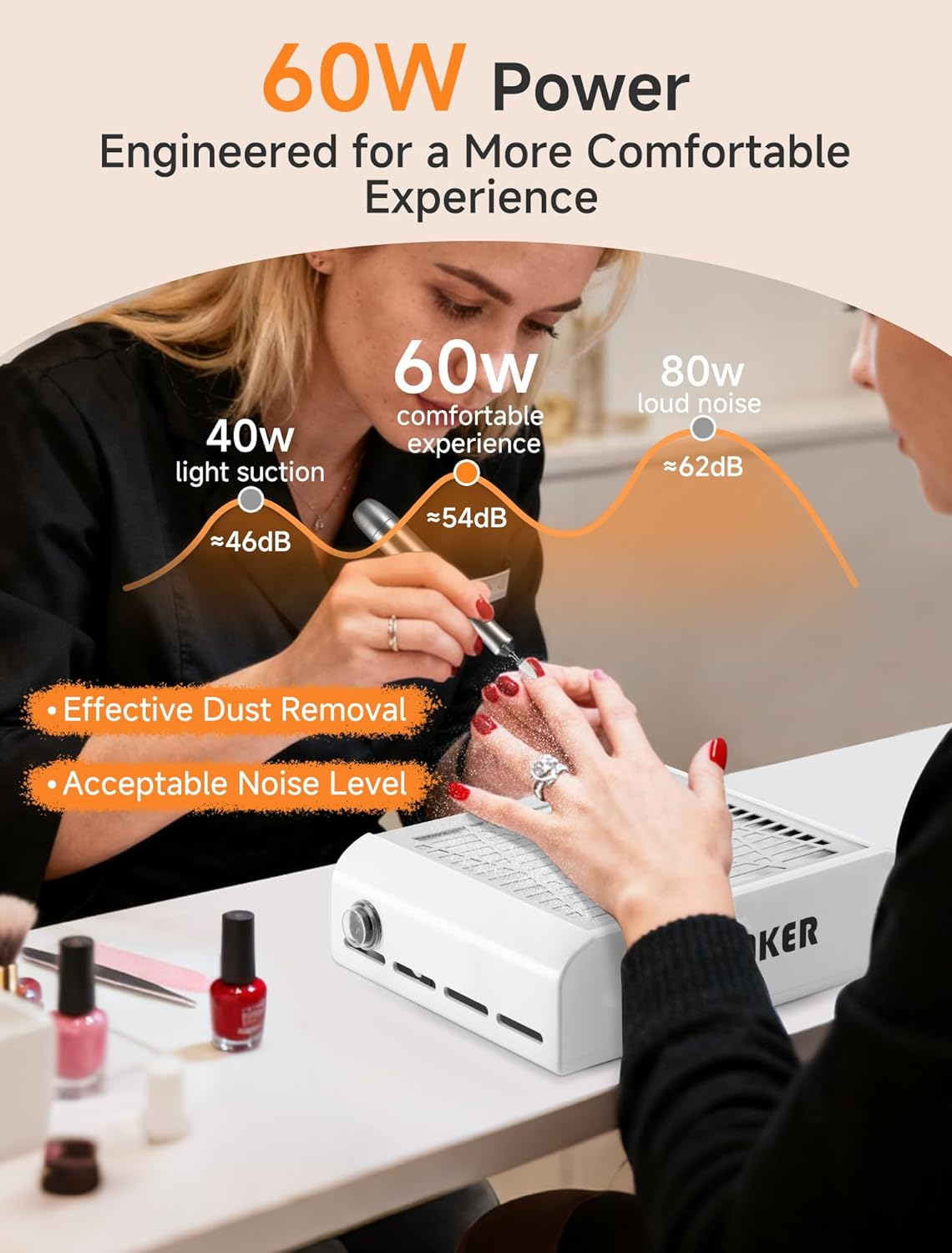 Dust Extraction for Nails, 60 W Nail Vacuum Cleaner with 2 Reusable Filters, Professional Nail Dust Extraction, Suction Nail Studio for Acrylic Nails, Gel Nails, White image number 1