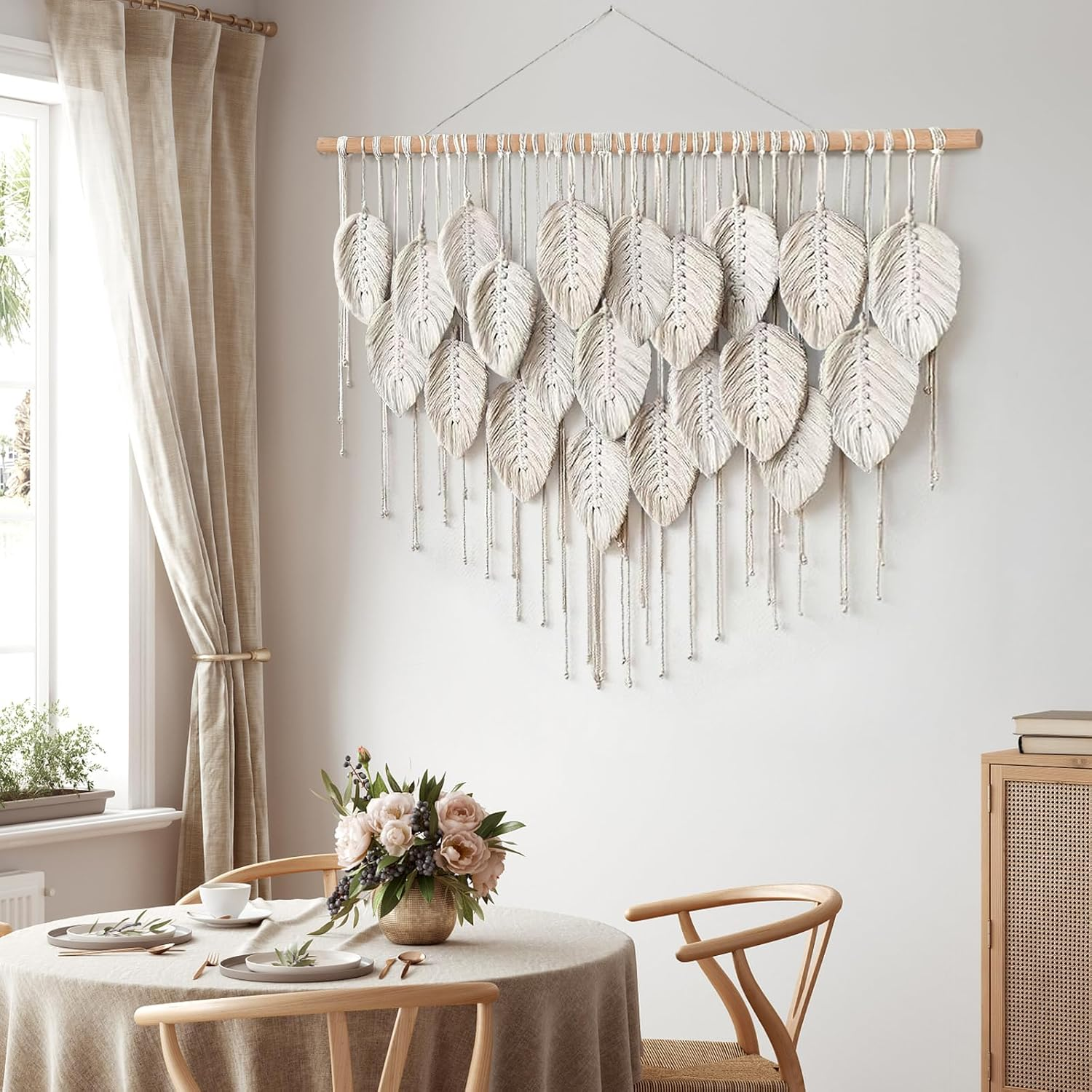 LOMOHOO Macrame Wall Hanging Boho Beige Leaves Tapestry Bohemian Handmade Woven Wall Art Decoration for Bedroom Living Room Apartment Dorm Gallery Perfect Handmade Gift Ideas image number 1