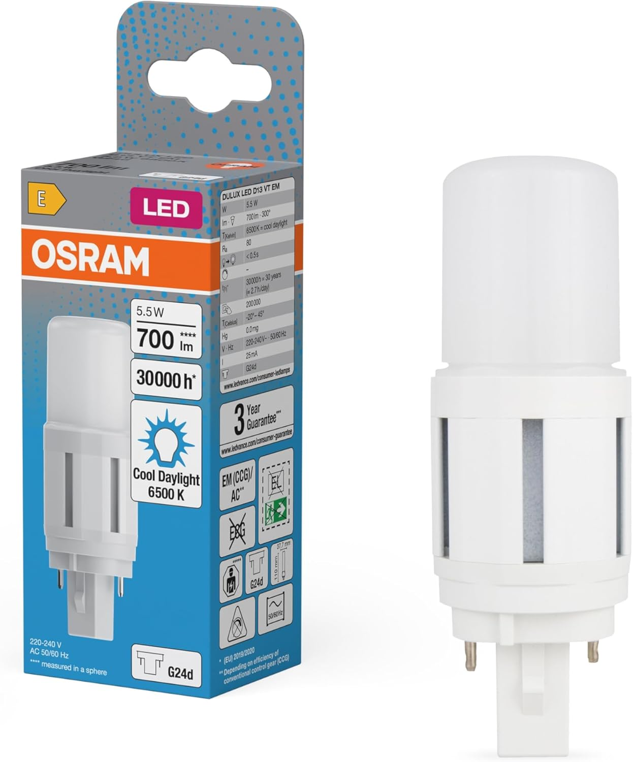 OSRAM DULUX LED Tube D13 VT, G24D, 5.5W, Cool White, 700Lm, Vertical Mount, Compact Fluorescent Replacement, for KVG Lights, IP20, Plastic, 37.7 Mm image number 2