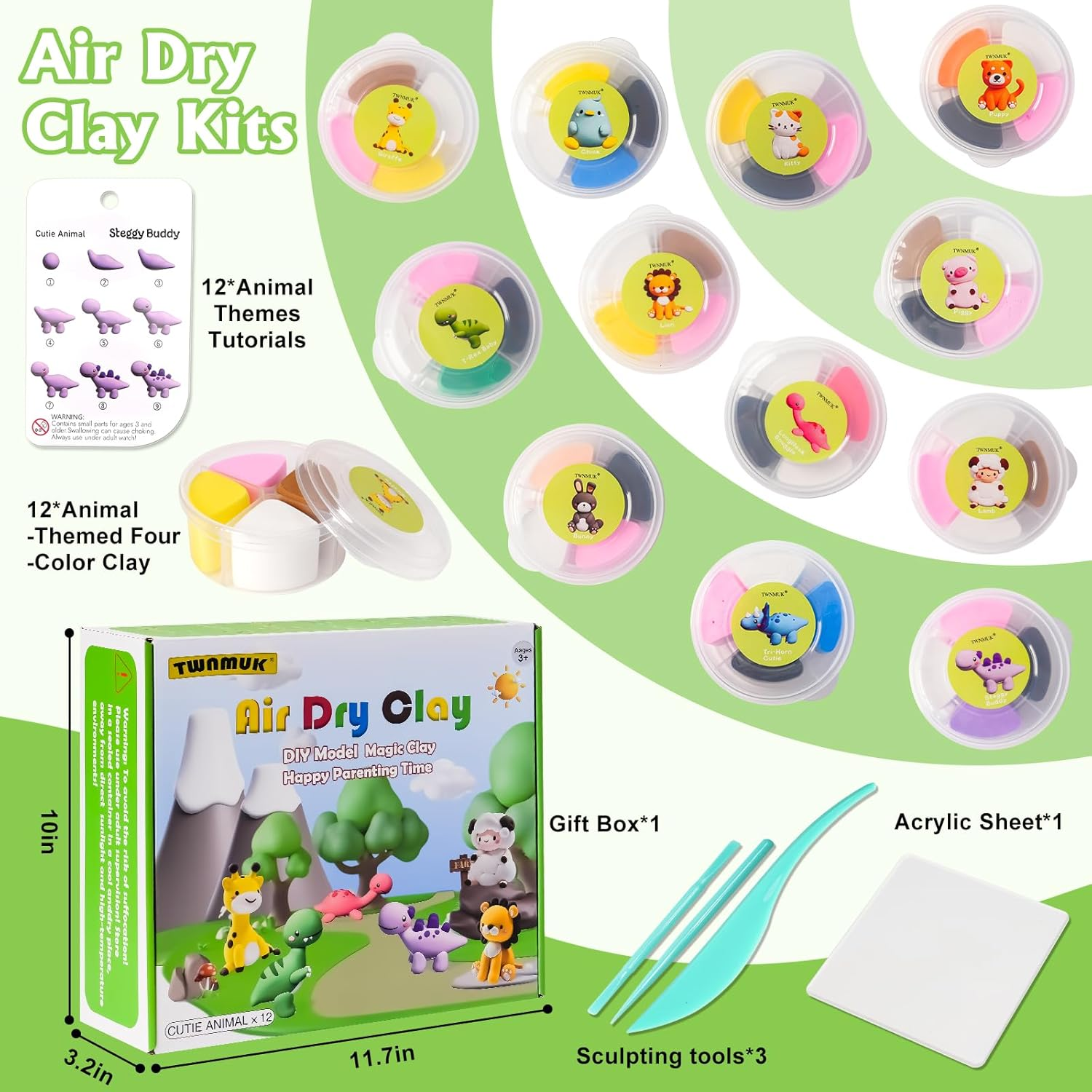 Air Drying Clay Set - Kids Modelling Clay,12 Animals DIY Molding Clay Art Crafts Set,Non-Stick,Soft Ultra-Light, Safe Non-Toxic,Sculpting Tools and Tutorials, Toys Gifts Boys Girls 3+ (Cute Animals)