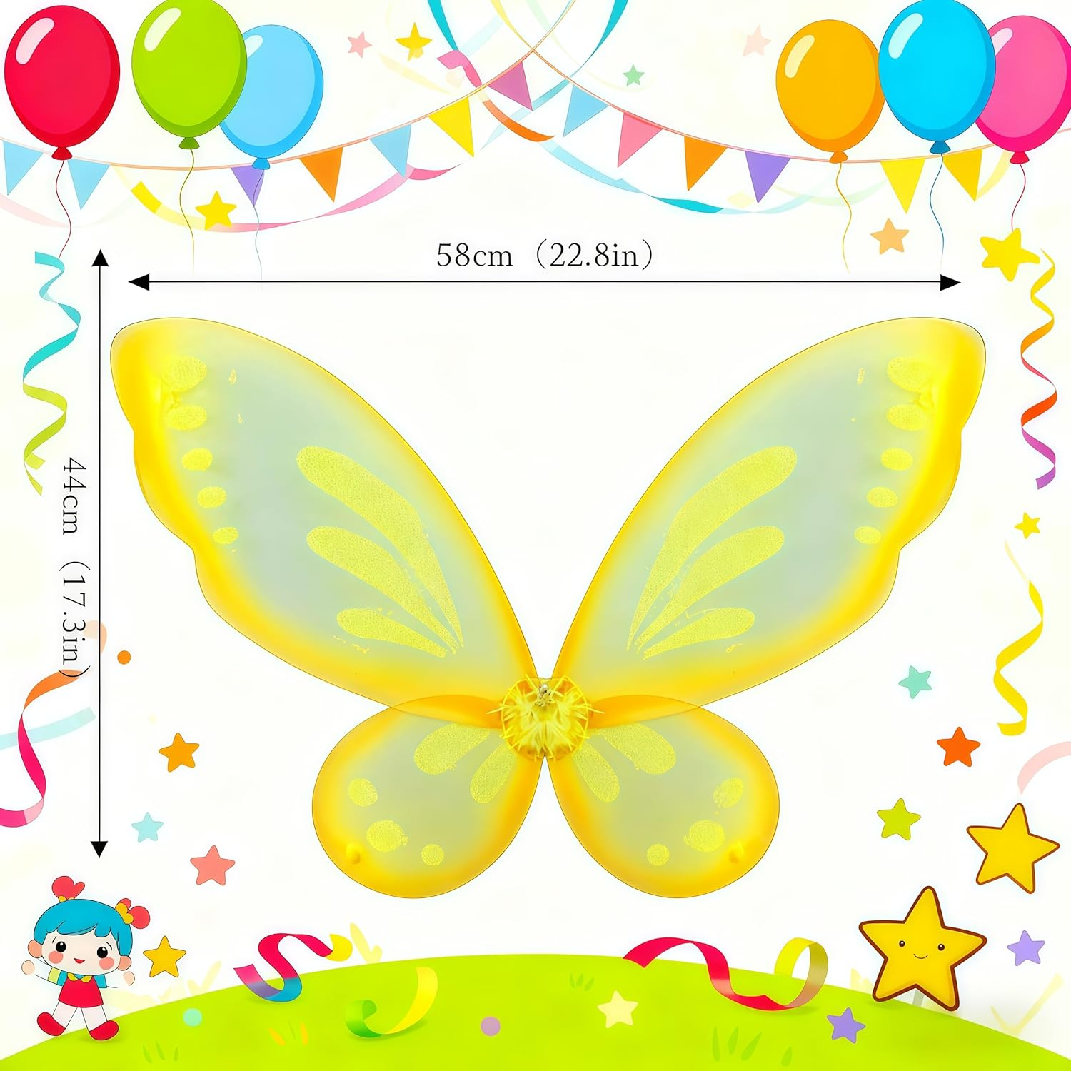 WLFADDY Butterfly Fairy Wings, Princess Costume Accessory for Girls, Yellow, Party and Halloween Dress Up image number 1