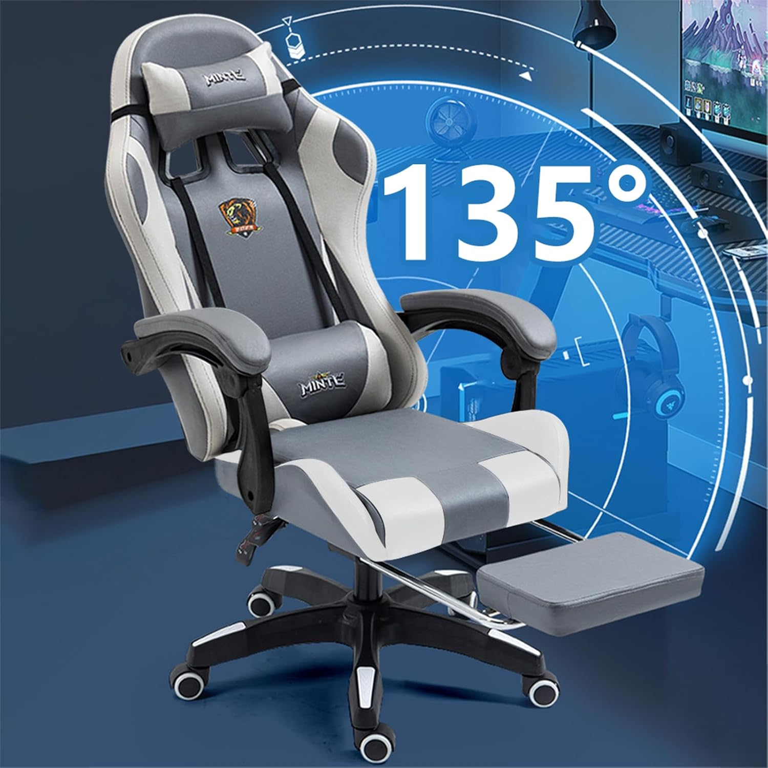 Technology Fabric Gaming Chair, Racing Massage Seat with Footrest, Ergonomic Support, 90-135&deg; Tilt, Breathable Fabric, Adjustable Lumbar, High-Back Recliner for Home Office (Grey) - Bluewite image number 6