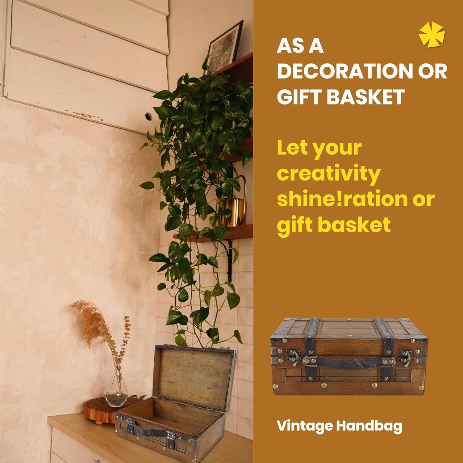 Wooden Chest Portable Vintage Distressed Multifunctional Wood Storage Trunk Handbag for Clothes Toys Photo Prop image number 4