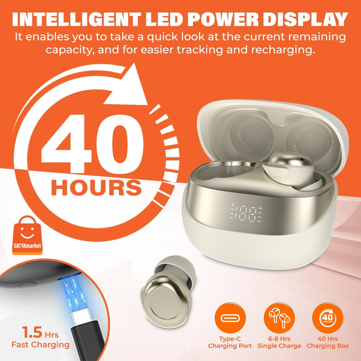 Satyamarket Mini Wireless Earbuds for Sleeping &ndash; In-Ear Bean-Shaped Bluetooth 5.3 Earphones with Power Display, 6Mm Titanium Driver, Noise Isolation, Lightweight Charging Case (White)