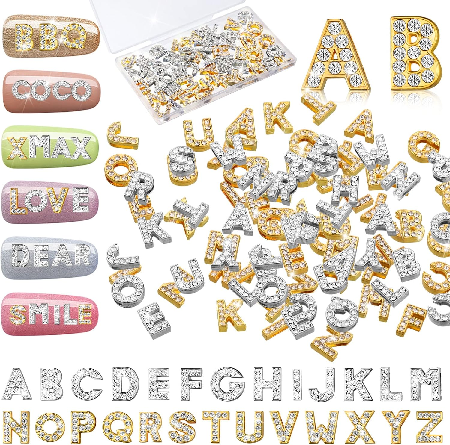 52 Pieces Letters Nail Stud Stickers Alloy Rhinestone Letter Charms 3D Capital Letters Nail Studs Alphabet Nail Charms English Nail Decoration for Women Girls Nail Accessories Home Salon, Gold, Silver