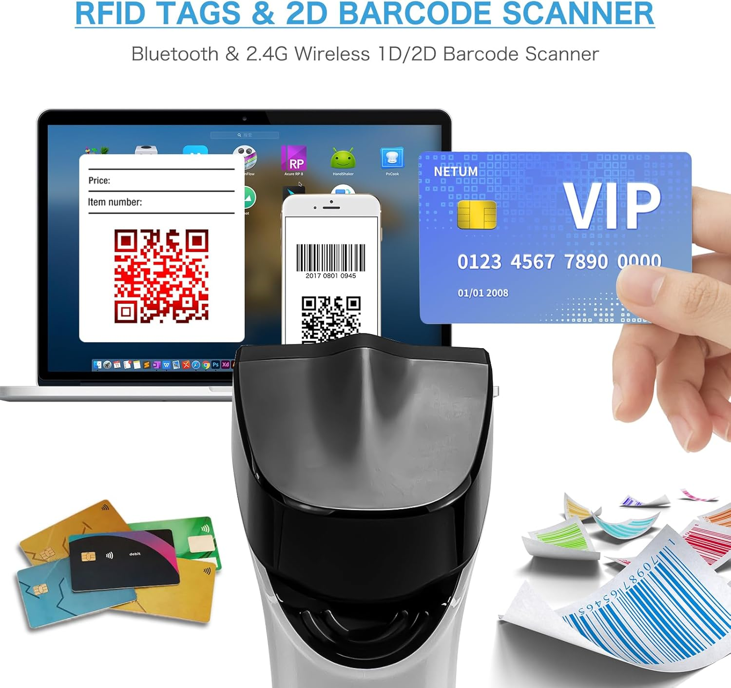 NETUM Wireless Hybrid RFID Imager, NFC HF RFID Tags Reader and 1D/2D QR Barcode Scan, Connection via Bluetooth for Retail Hospital System DS8100 image number 3