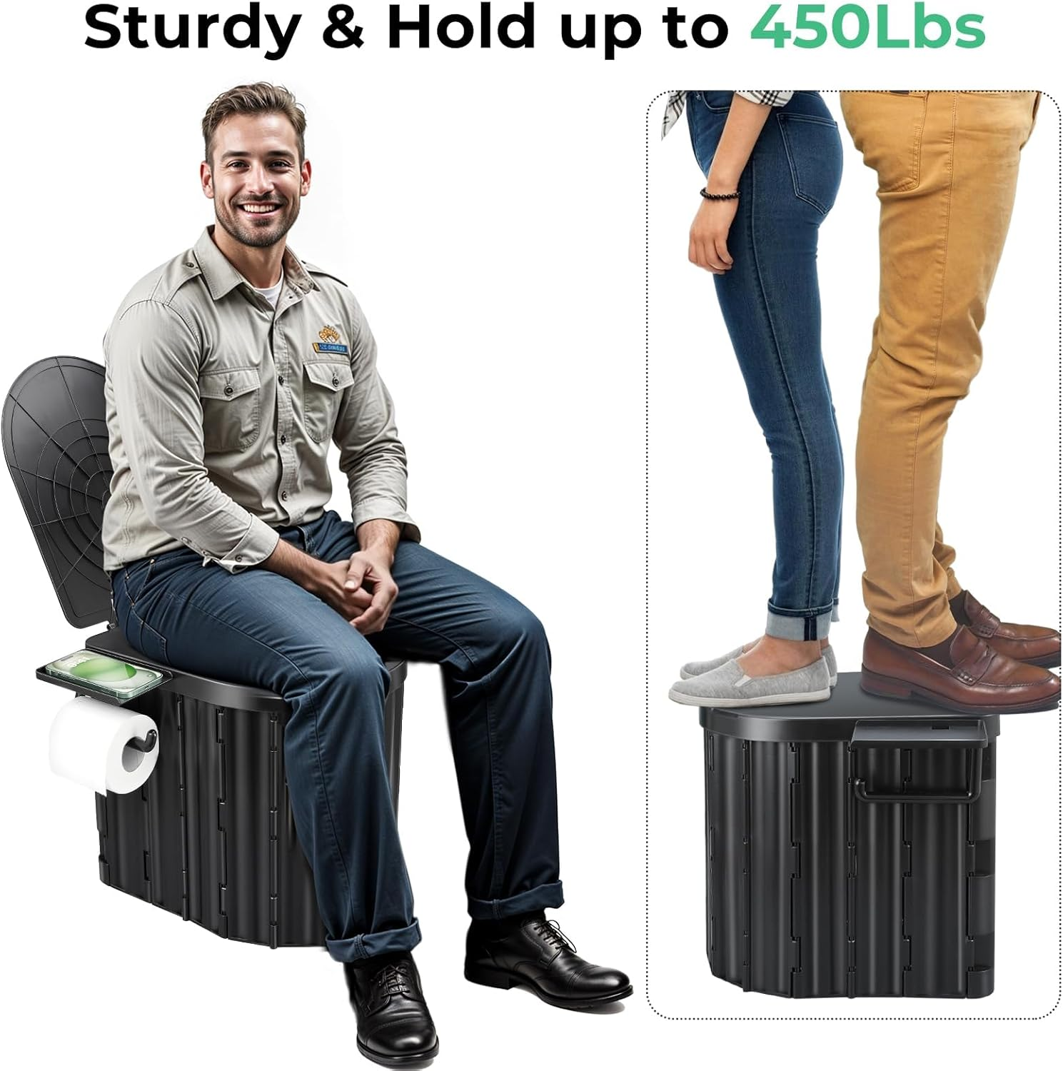 Portable Toilet for Adults, XL Portable Camping Toilet, Black Leather & Density Board, 16.5 Inch High, Floor Mounted, Multifunctional, Easy to Clean & Store