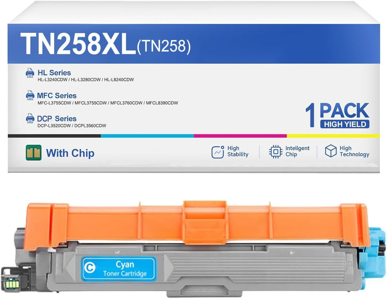 TN258 TN258XL Toner Cartridge Compatible with Brother HL-L3280CDW HL-L3240CDW MFC-L3760C MFC-L8390CDW MFC-L3755CDW DCP-L3560CDW DCP-L3520CDW Printers (Black, Cyan, Magenta, Yellow)