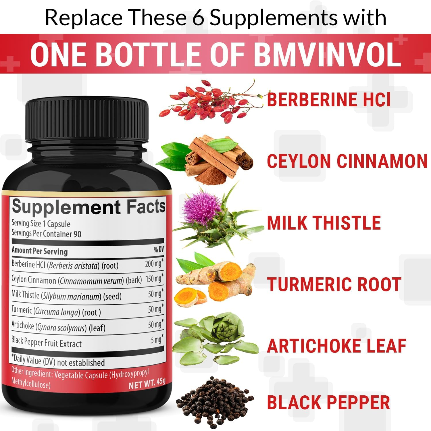 Berberine with Ceylon Cinnamon, Turmeric, Milk Thistle, Artichoke, Black Pepper - 90 Count - Pack of 1 image number 4