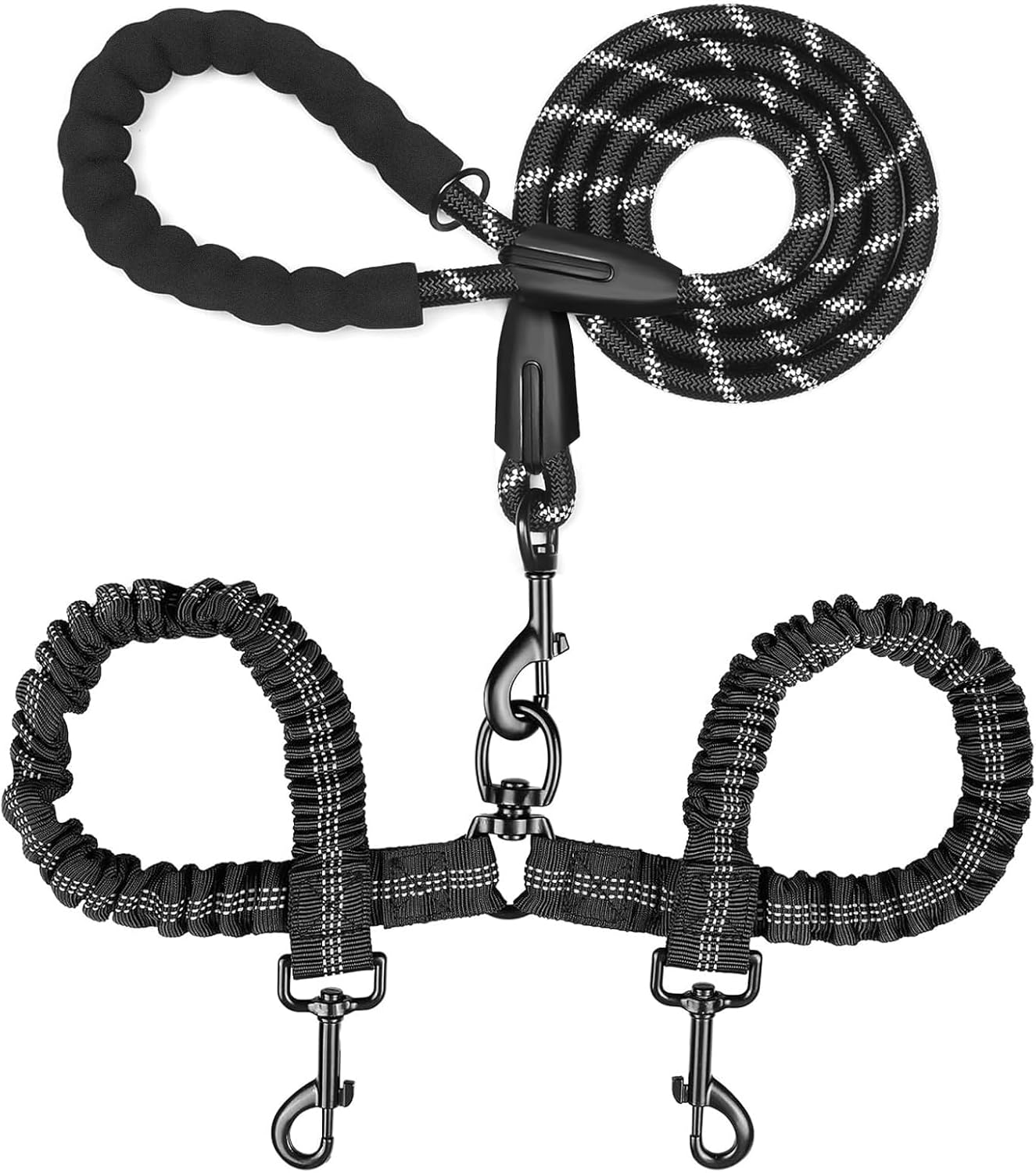 Double Dog Leash for 2 Dogs, Heavy Duty Dual Dog Lead, No Tangle Walking Leash with Shock Absorbing Bungee for Two Dogs, Durable Nylon Dog Lead for Medium/Large Breeds (Pink)