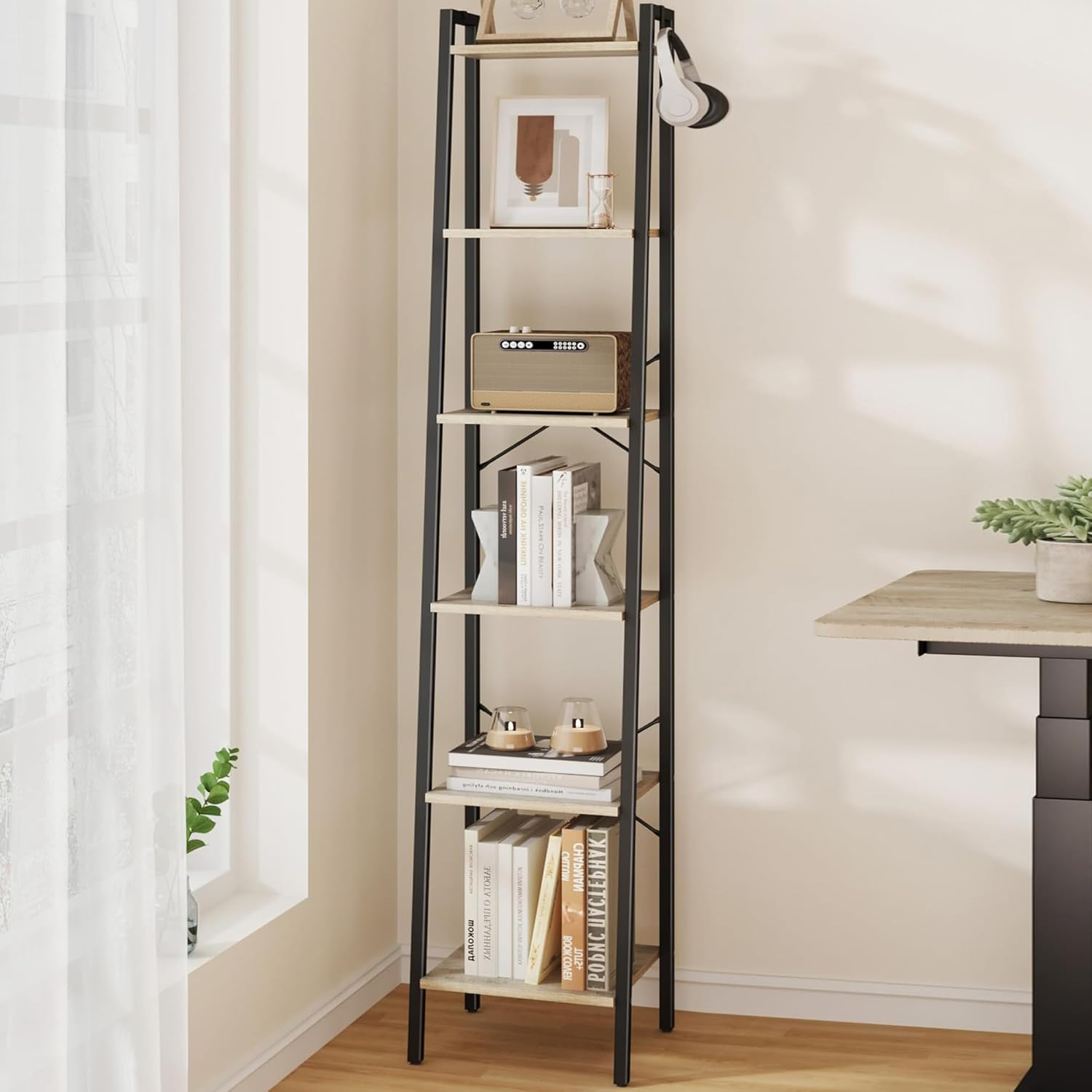 Hzuaneri Ladder Shelf, Bookshelf Bookcase, Freestanding Corner Storage Shelve with 2 Hooks for Home Office, Living Room, Kitchen, Bedroom, Industrial, 5-Tier Black BC03204B