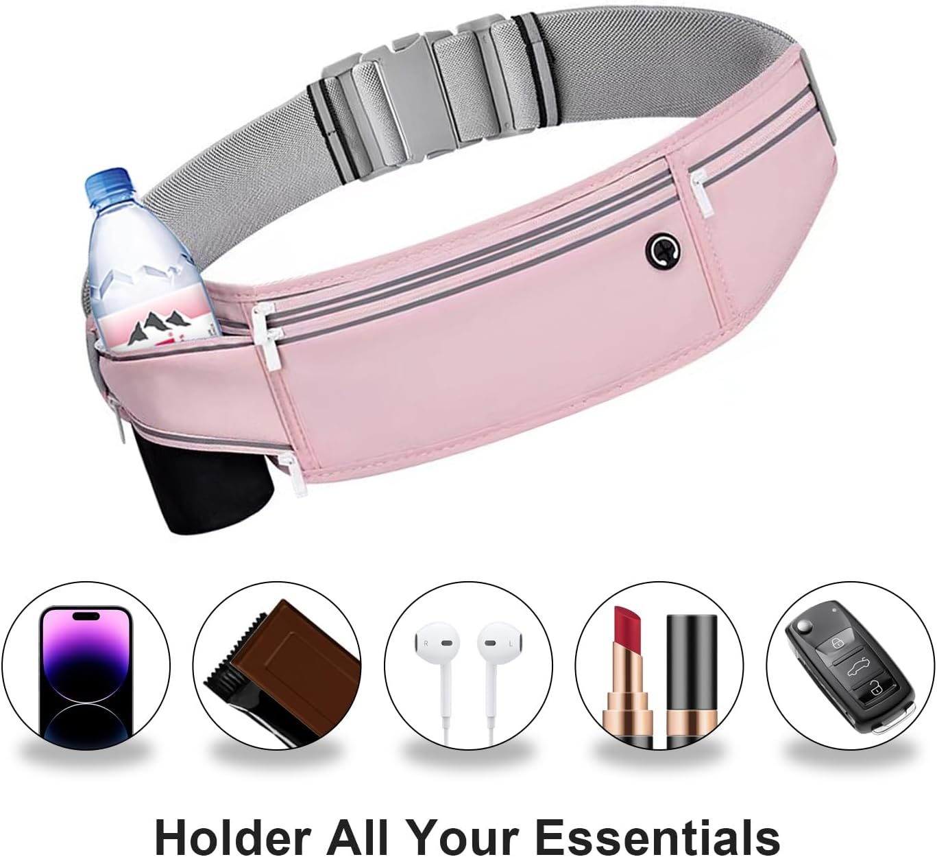 Slim Running Belt for Women Men,Runners Fanny Pack Phone Holder,Money Belt,Running Gear Accessories,With 3 Pockets (Jet Pink) image number 1