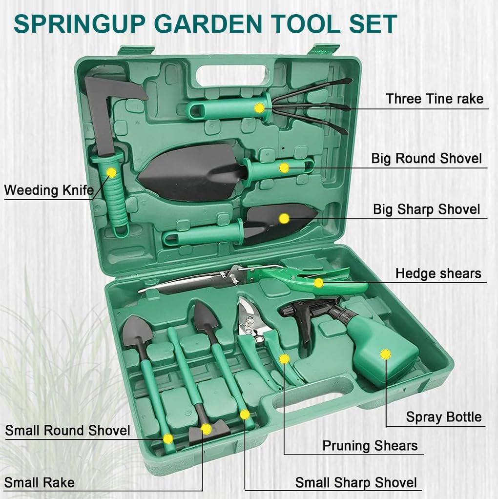 Springup 10 Pieces Garden Tools Set,Heavy Duty Gardening Tools,Gardening Tools with Carrying Case,Ergonomic Hand Tools, Pruner,Rake,Shovel, Trowel, Sprayer, Gifts for Men,Women(Green) image number 2