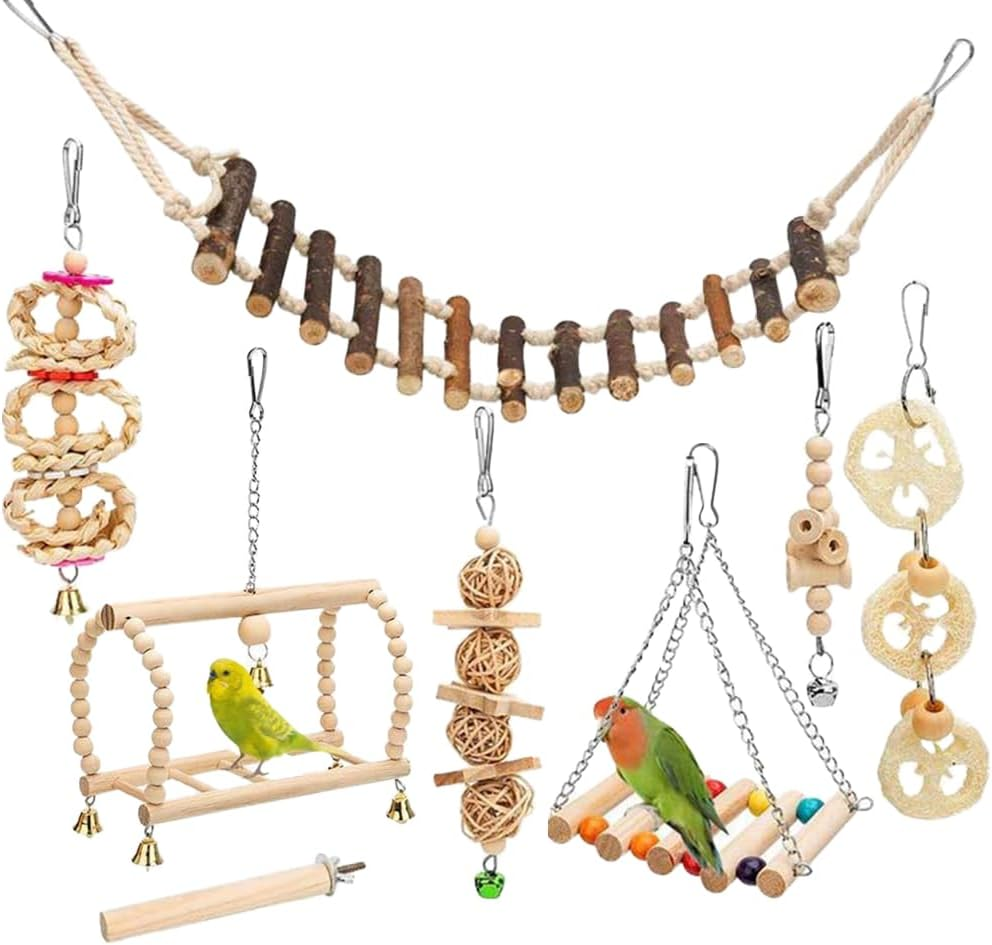 8 Pcs Bird Parrot Swing Toys, Chewing Standing Hanging Perch Hammock Climbing Ladder Bird Cage Toys for Parakeet,Budgerigar,Conure, Mynah, Cockatiel,Love Birds, Finches and Other Small to Medium Birds image number 5