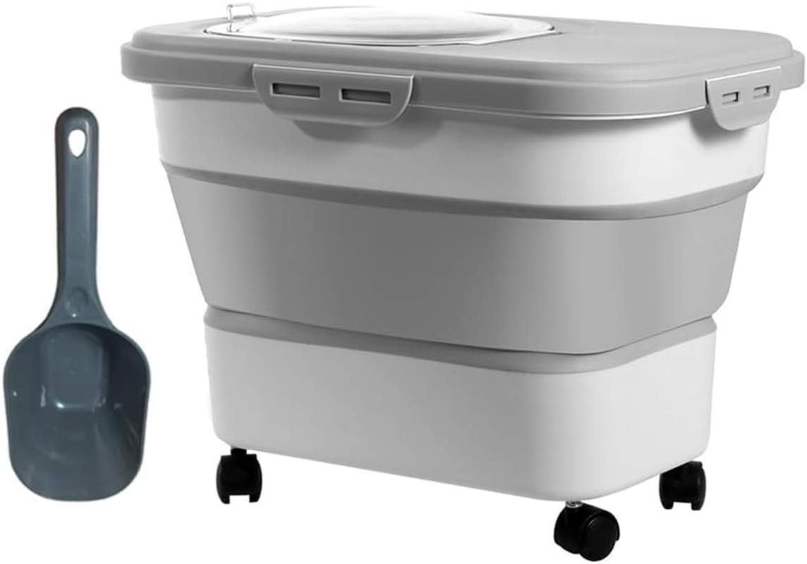 Pet Food Container, Collapsible and Moisture-Proof Dog Food Storage Container with Rolling Wheels, Scoop and Airtight Lid, Large Pet Food Storage for Dog, Cat, 42*28.5*32Ccm, Grey image number 6