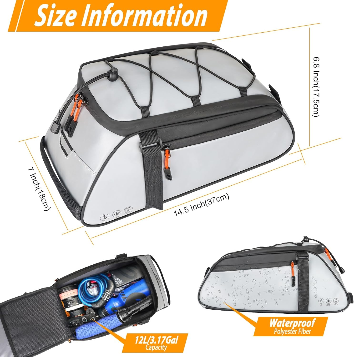 Huijukeji Bike Trunk Bag 360 &deg; Reflective Bicycle Backpack 12L Rear Bike Cargo Rack Bags Storage Pannier Saddle Bag 3-In-1 Multifuction Waterproof Travel Accessories Expandable Luggage Trunk Bag - Silver image number 4