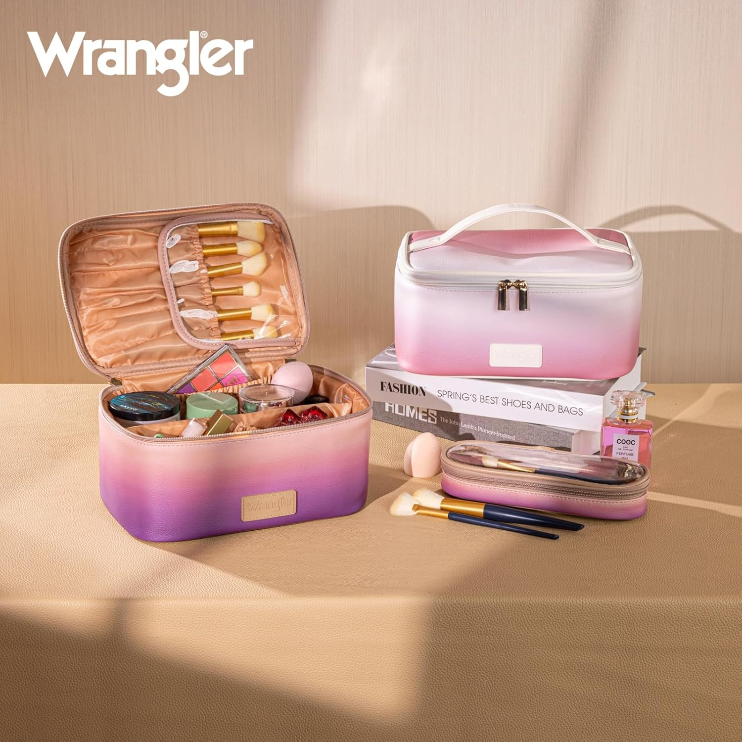 Montana West X Wrangler Travel Makeup Bag 2Pcs Set Large Cosmetic Bag with Makeup Brush Holder Portable Make up Organizer Toiletry Bag with Divider and Handle for Women, Purple, Large image number 3