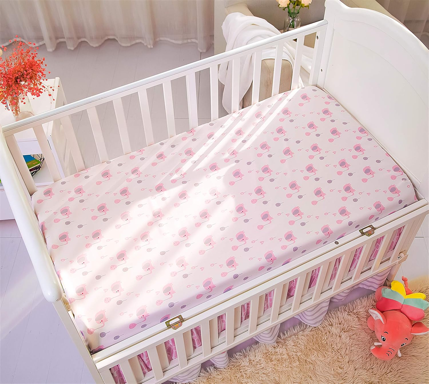 La Premura Baby Elephant Nursery Crib Bedding Set for Girls &ndash; Pink Elephant & Love Balloons 3 Piece Standard Size Crib Set, Pink & Gray&hellip; image number 3