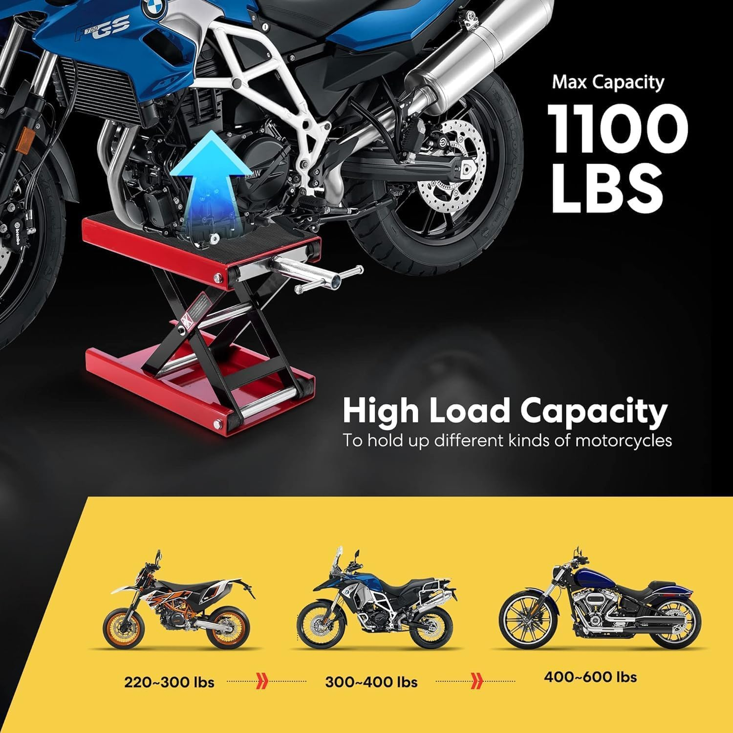 Homodoskey Motorcycle Lift Scissor Jack Steel Wide Deck Hoist Crank Center Stand 1100 LBS Capacity for Motorcycles, Atvs, Dirt Bikes Red image number 4