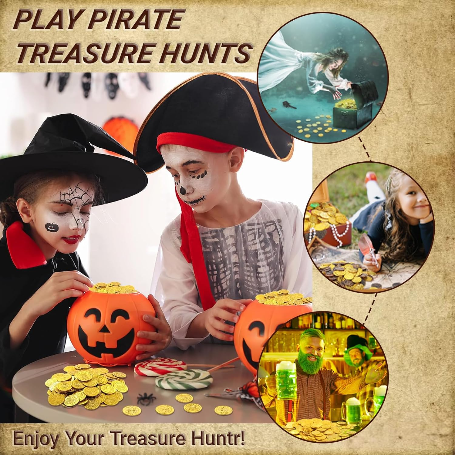 JOWILIN Pirate Coins Set, 100 Pcs Plastic Pirate Gold Coins, Treasure Hunt Coins, Fake Pirate Coins for Pirate Adventure Themed Supplies, Birthday Party Props, Pirate Party Favors image number 5