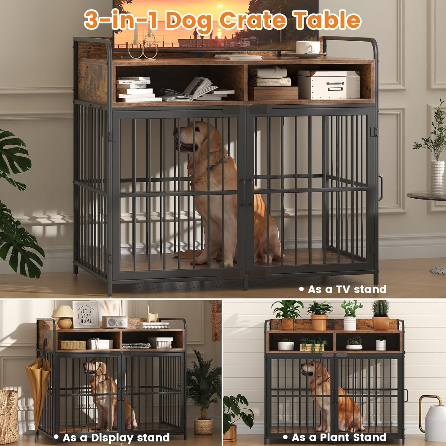 Koreal Dog Crate, 104Cm Width Dog Crate Furniture for Large Dogs, Heavy Duty Dog Kennel with 2 Drawers Storage, Wooden Dog Cage Indoor Dog House End Table for Dogs image number 1