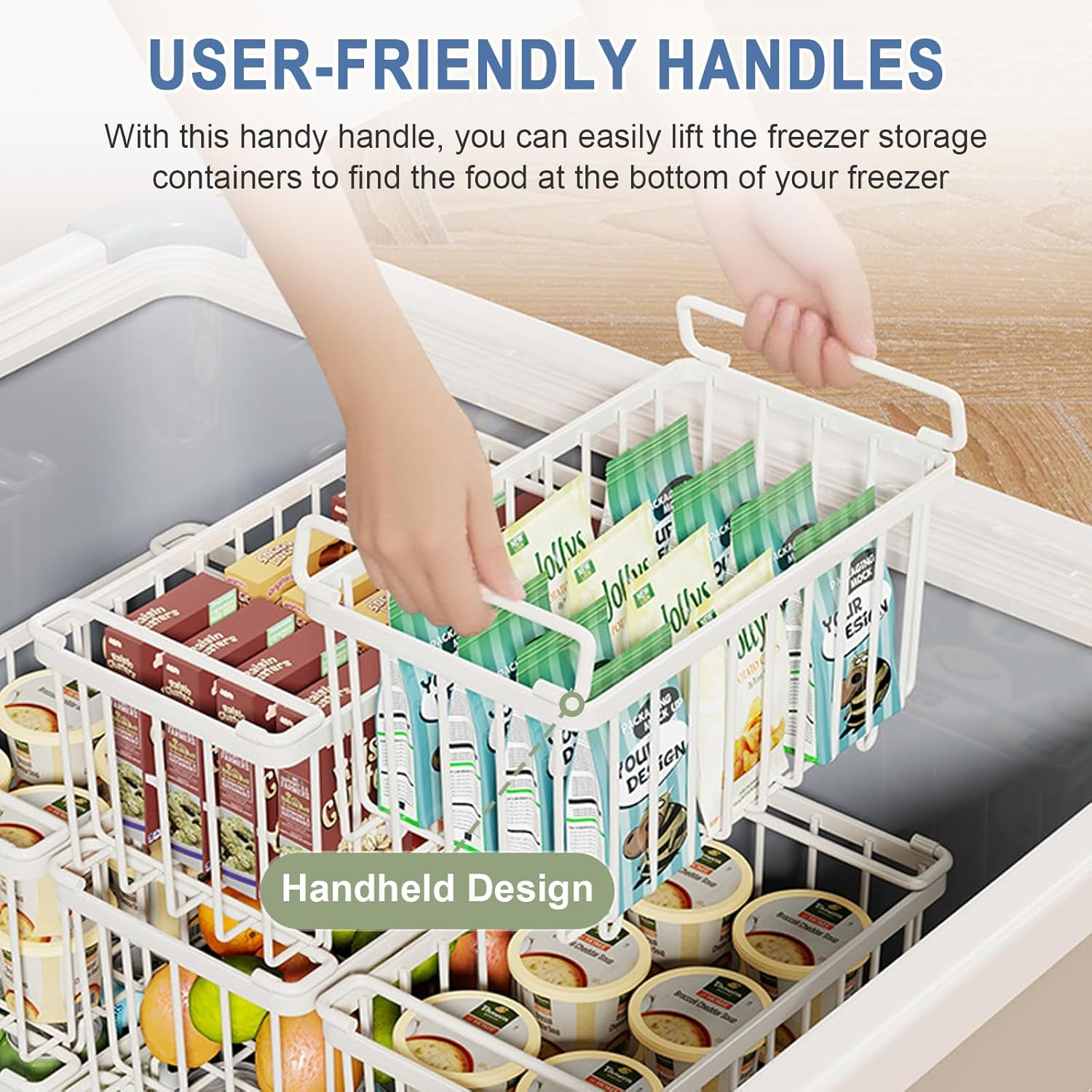 Freezer Organizer Bins, 6 Pack Stackable Deep Chest Freezer Organizer Bins with Folding Handles, Metal Freezer Storage Baskets, Ft Deep Freezer Storage, Increased Space for Food Storage (White) - Black image number 7