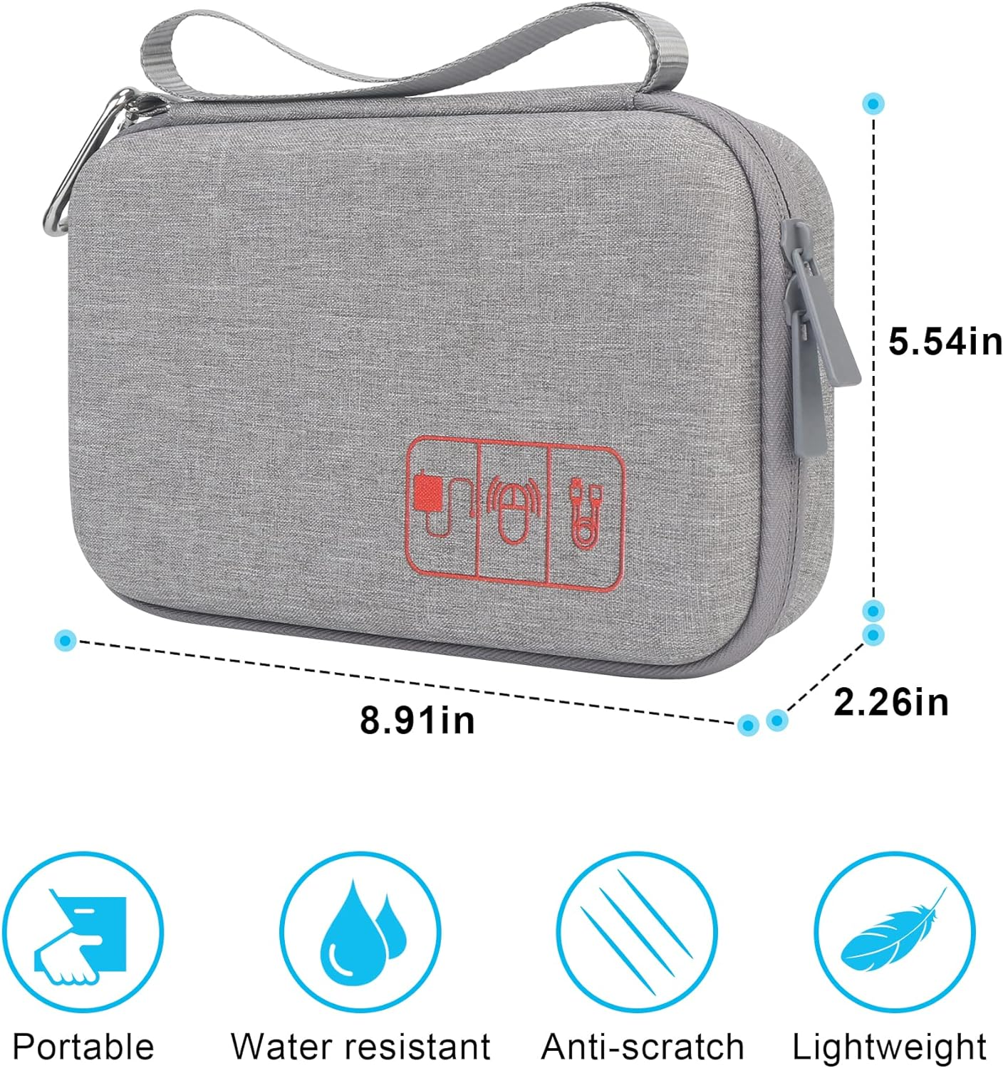 Elonbo Hard Travel Cords Organizer Universal Small Electronic Accessories Carrying Case for Chargers Cables Macbook Adapter Magic Mouse Apple Pencil USB Flash Disk Tech Portable Storage Bag, Grey image number 6