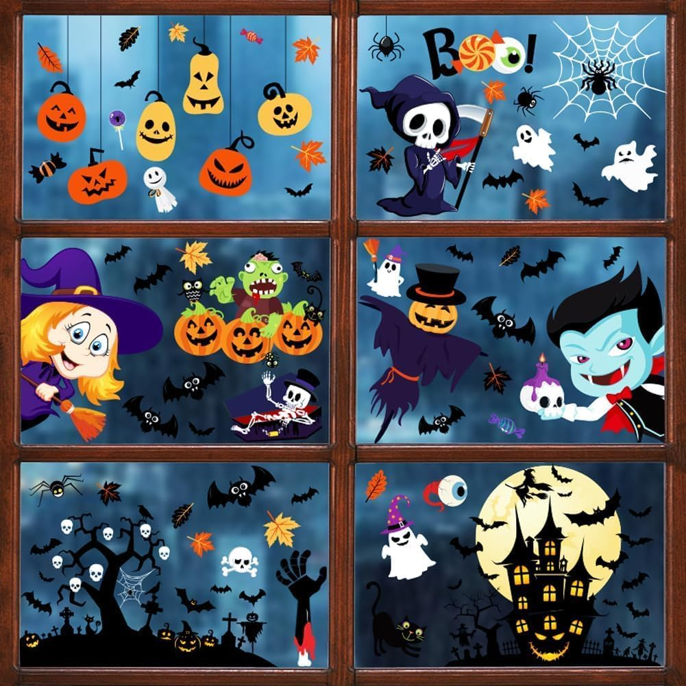 9 Sheets Halloween Window Clings, Scary Halloween Window Stickers, Removable Double Sided Halloween Window Decals for Glass Windows, Halloween Window Decorations Home Decor Halloween (C) image number 1