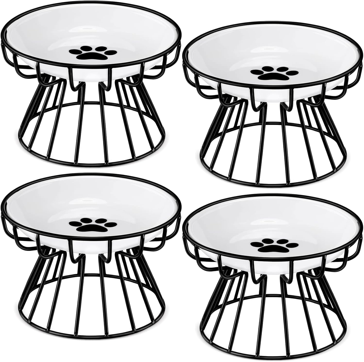 Roshtia 4 Sets Elevated Cat Bowls Ceramic Raised Cat Food Bowls with Metal Stand Dishwasher Safe Dishes Non Slip Elevated Food Plate(Black,Paw)