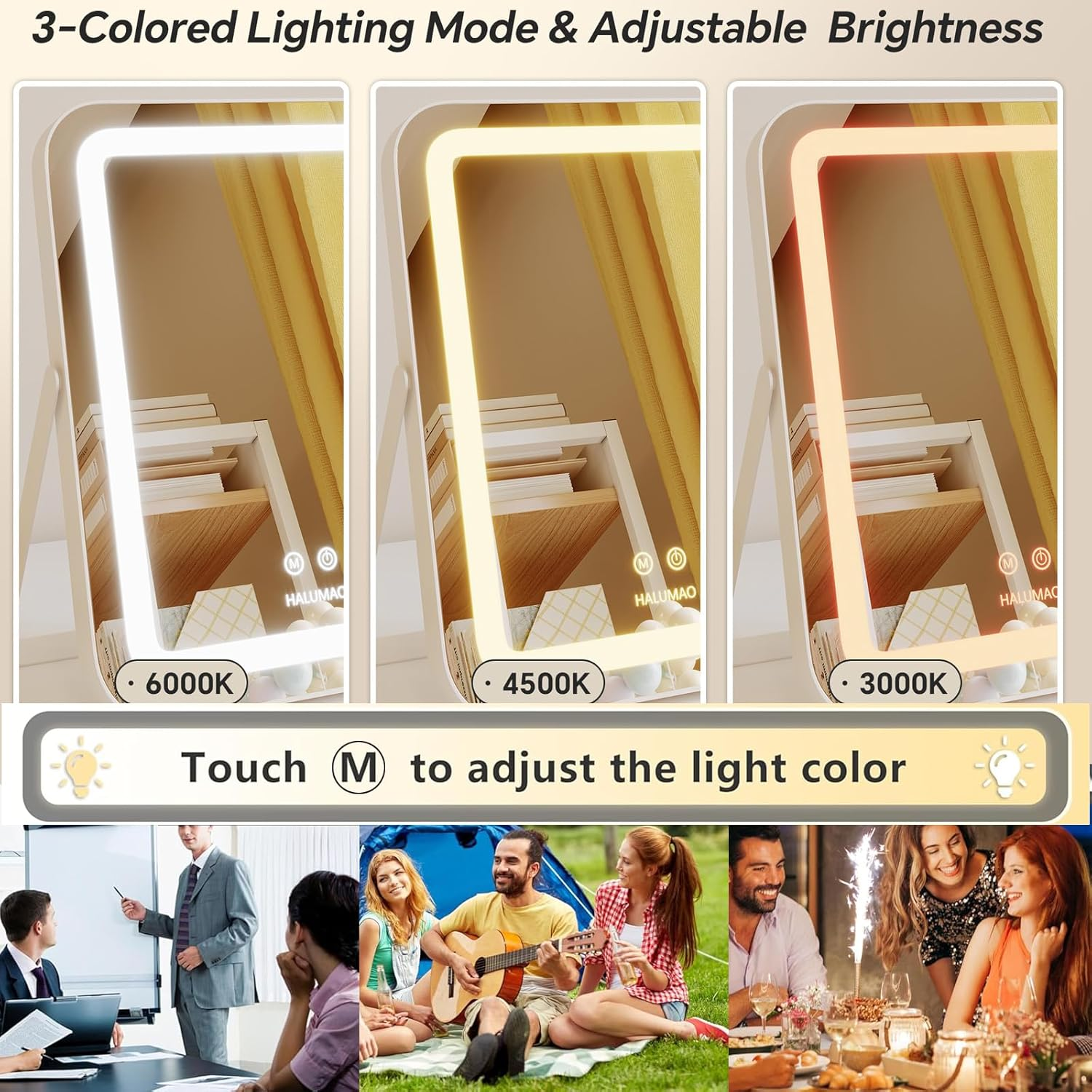 Vanity Mirror with Lights, 13.8" X 10.6"Light up Makeup Mirror, LED Makeup Mirror with Lights for Bedroom Tabletop, Smart Touch Control 3 Colors Dimmable, 360&deg; Rotation image number 4