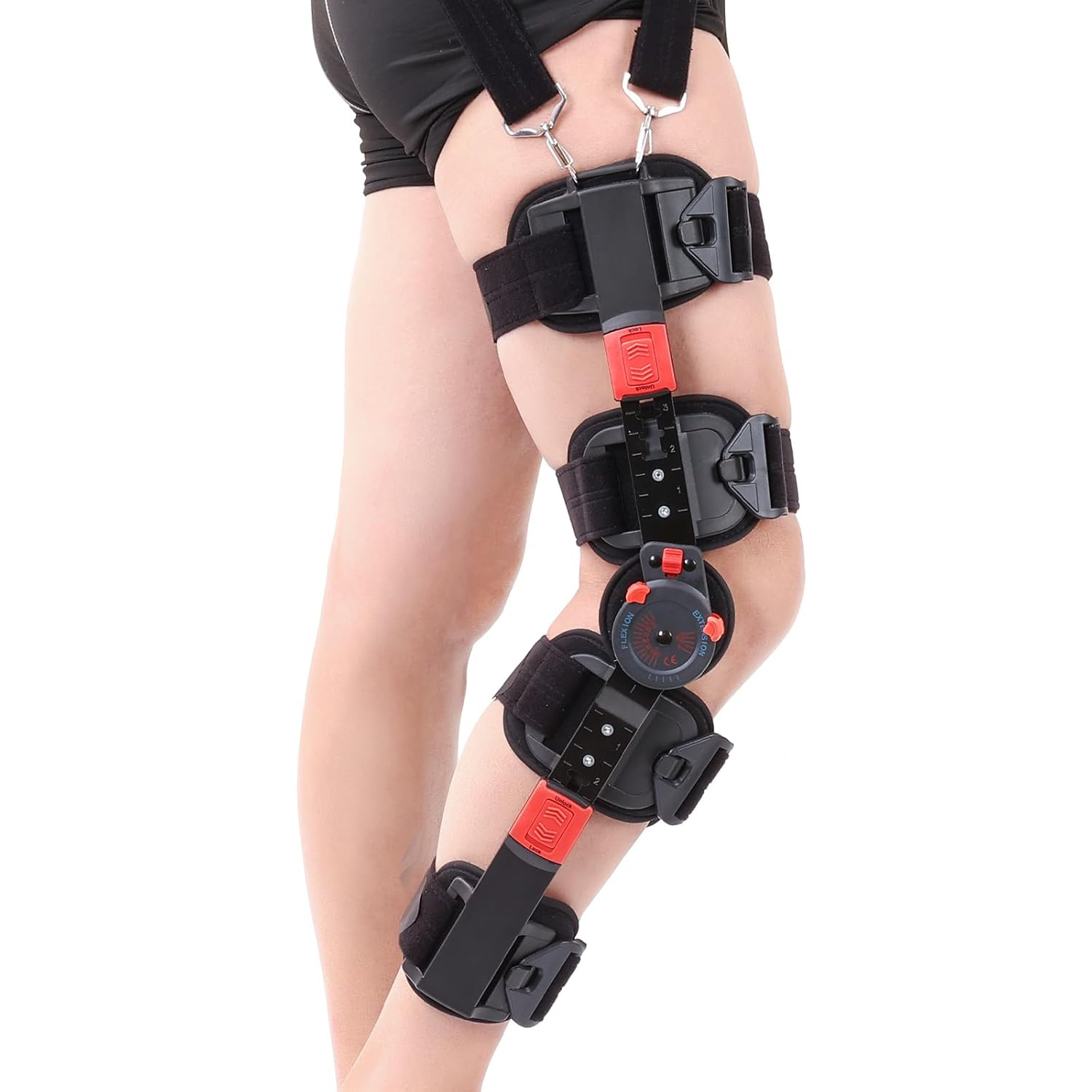 GHORTHOUD Hinged ROM Knee Brace with Shoulder Strap Post Op Knee Immobilizer Adjustable Knee Support with Side Stabilizers Medical Knee Orthopedic Support for Men and Women, Left or Right Leg (Red)